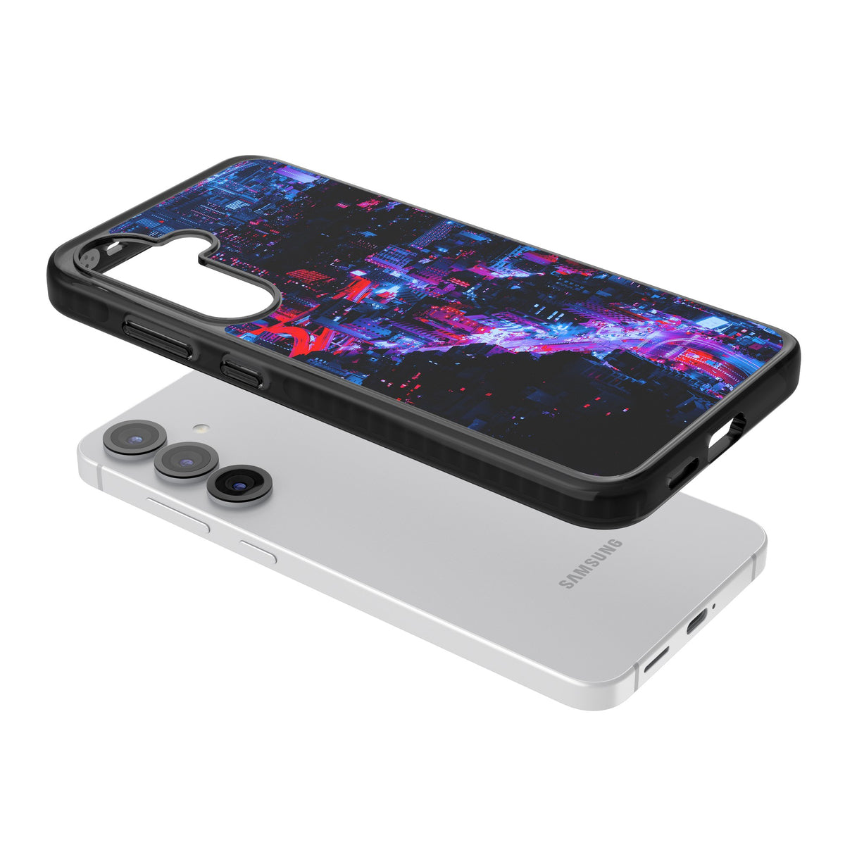 Neon Cityscape Samsung S25 / Samsung S25 Plus / Samsung S26 / Samsung S26 Plus Impact Black Phone Case angled