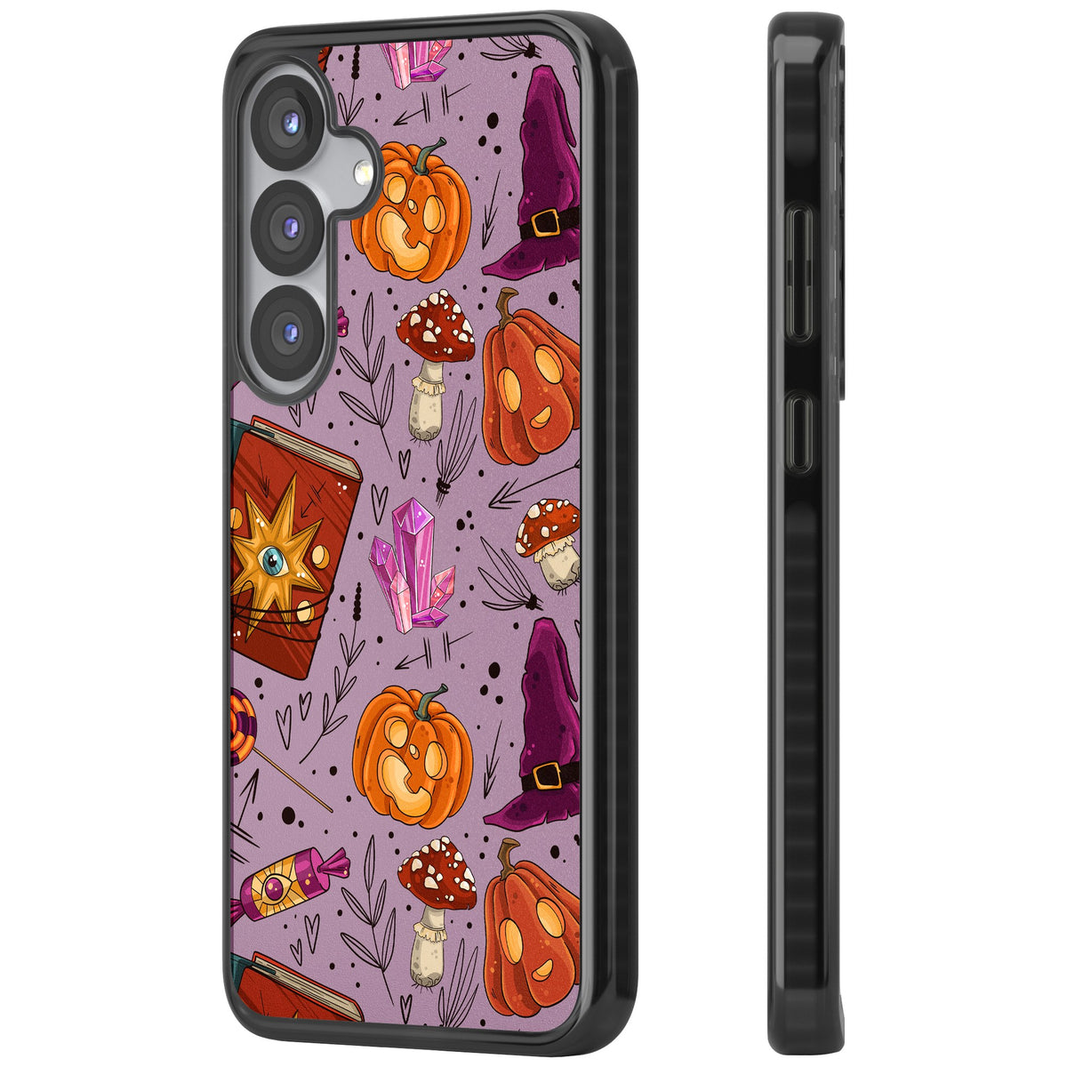Witchy Cartoon Halloween Pattern Samsung S25 / Samsung S25 Plus / Samsung S26 / Samsung S26 Plus Impact Black Phone Case side