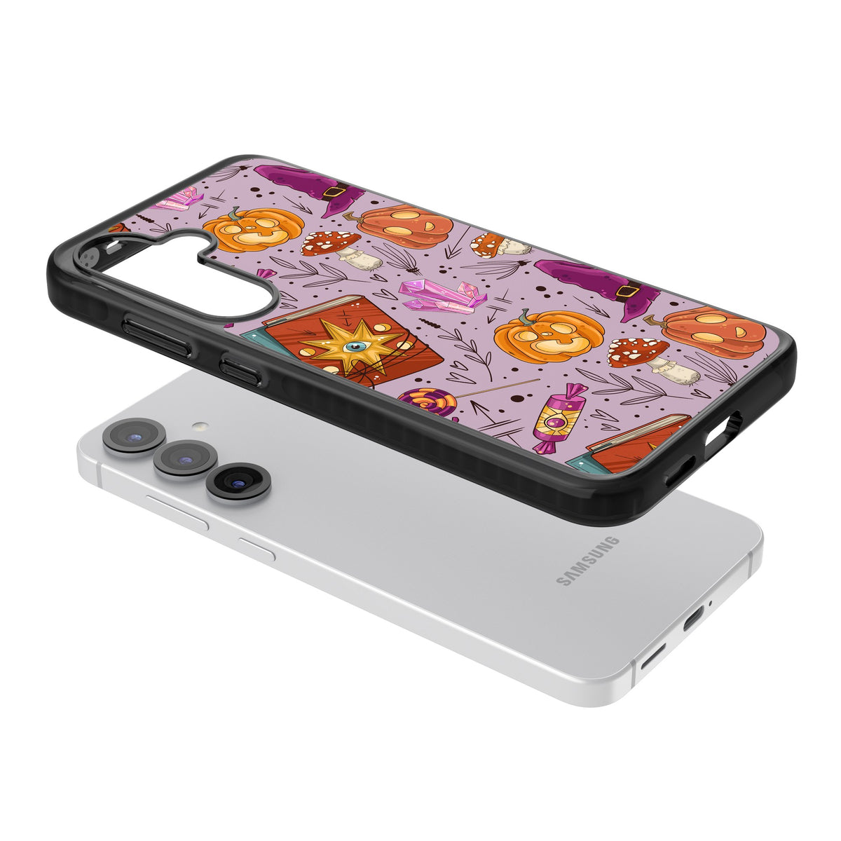 Witchy Cartoon Halloween Pattern Samsung S25 / Samsung S25 Plus / Samsung S26 / Samsung S26 Plus Impact Black Phone Case angled