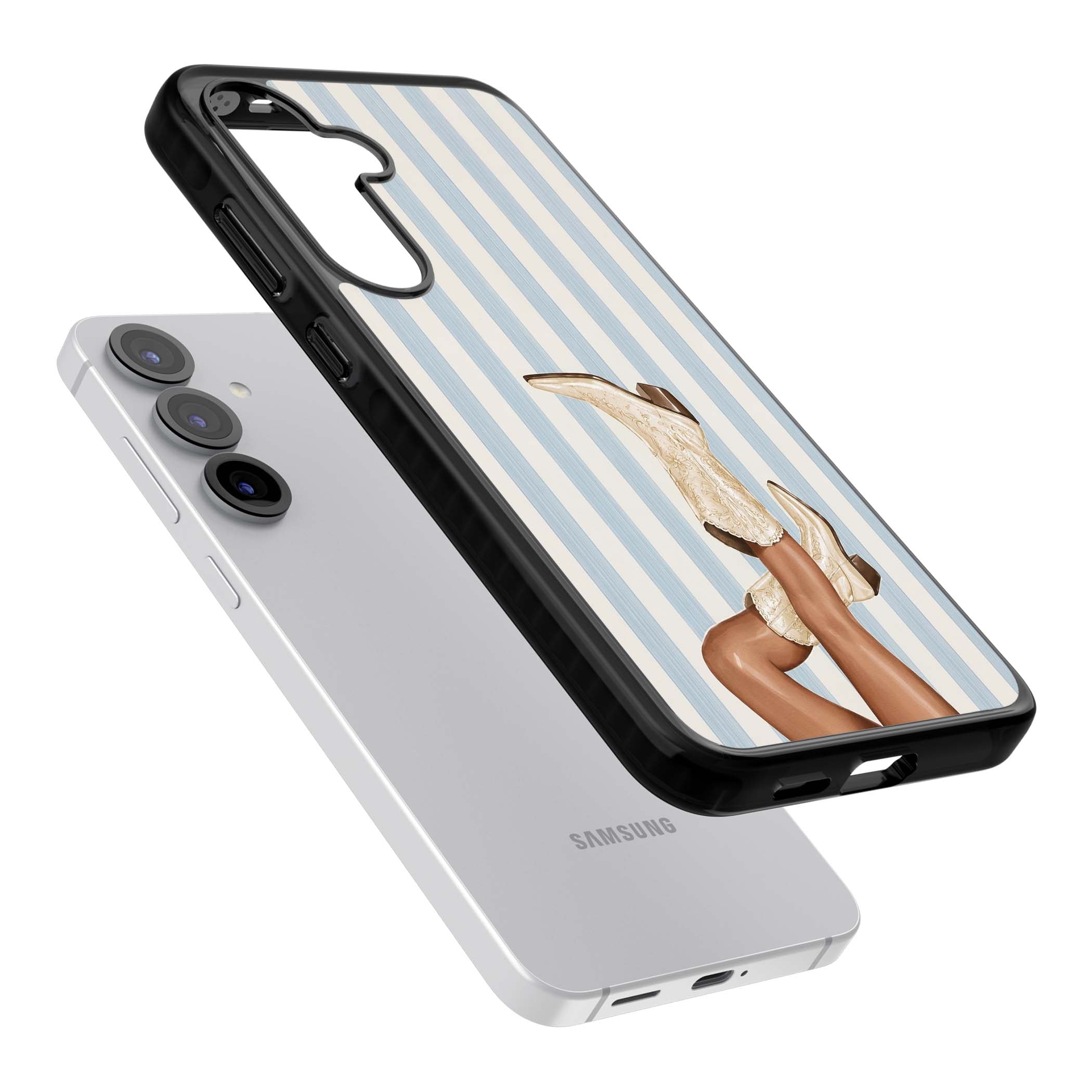 Cowgirl Boots coastal cowgirl iPhone case featuring embroidered western boots, tanned legs and a blue stripe backdrop | Black Impact case for Samsung Galaxy S25, Samsung Galaxy S25 Plus