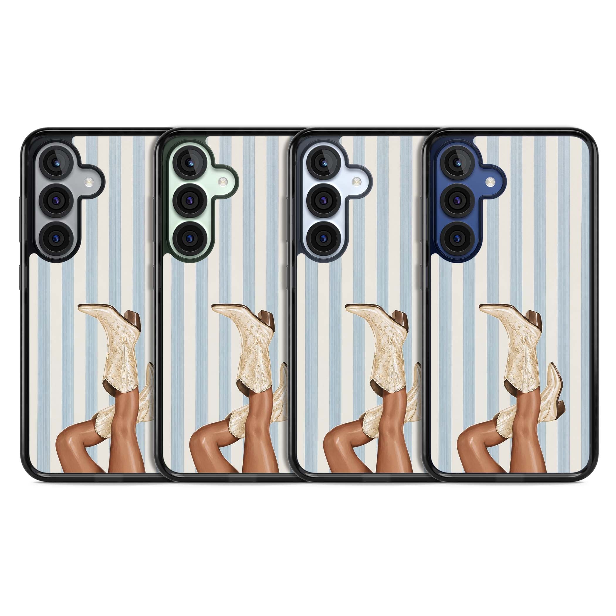 Cowgirl Boots coastal cowgirl iPhone case featuring embroidered western boots, tanned legs and a blue stripe backdrop | Black Impact case for Samsung Galaxy S25, Samsung Galaxy S25 Plus