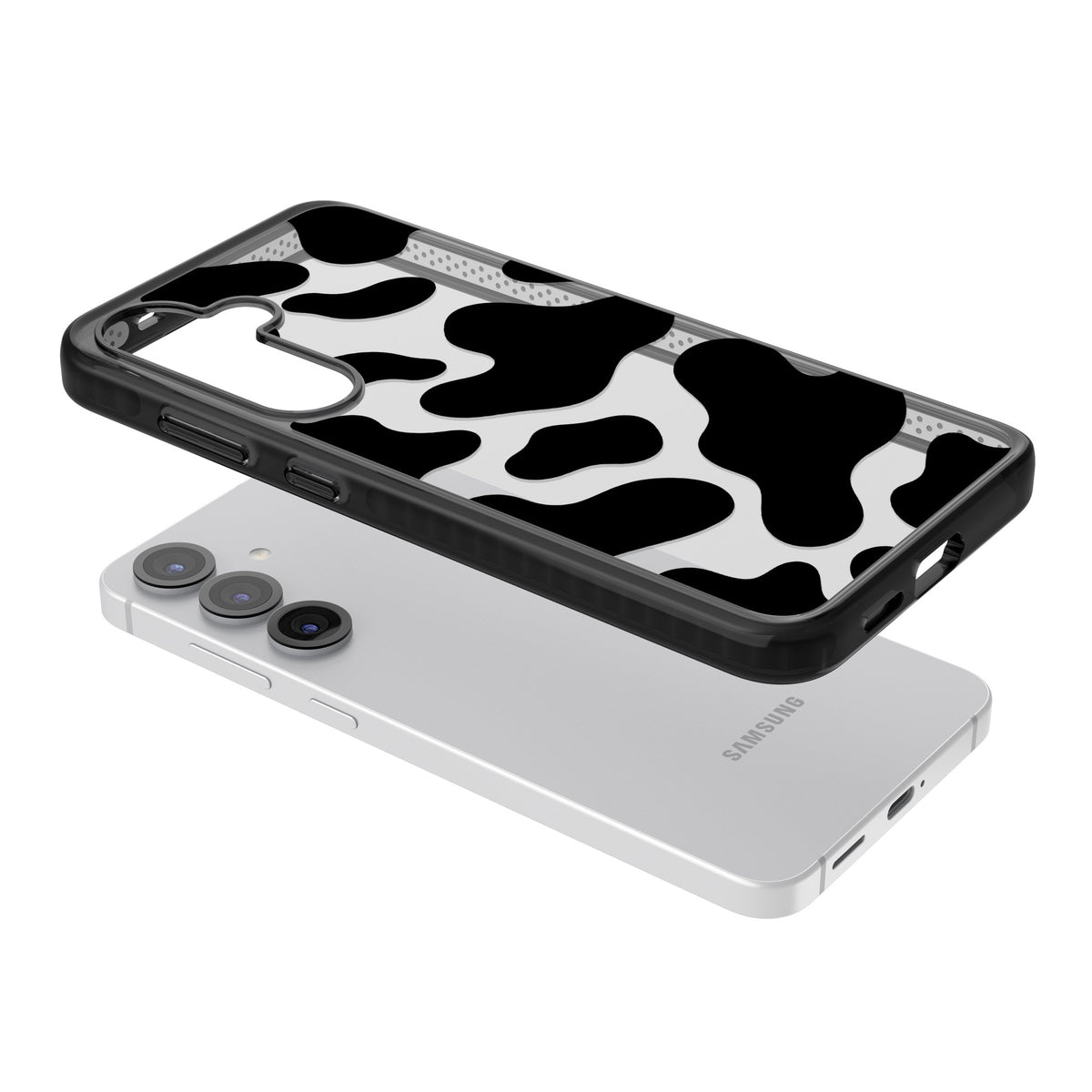 Clear Cow Print Samsung S25 / Samsung S25 Plus / Samsung S26 / Samsung S26 Plus Impact Black Phone Case angled