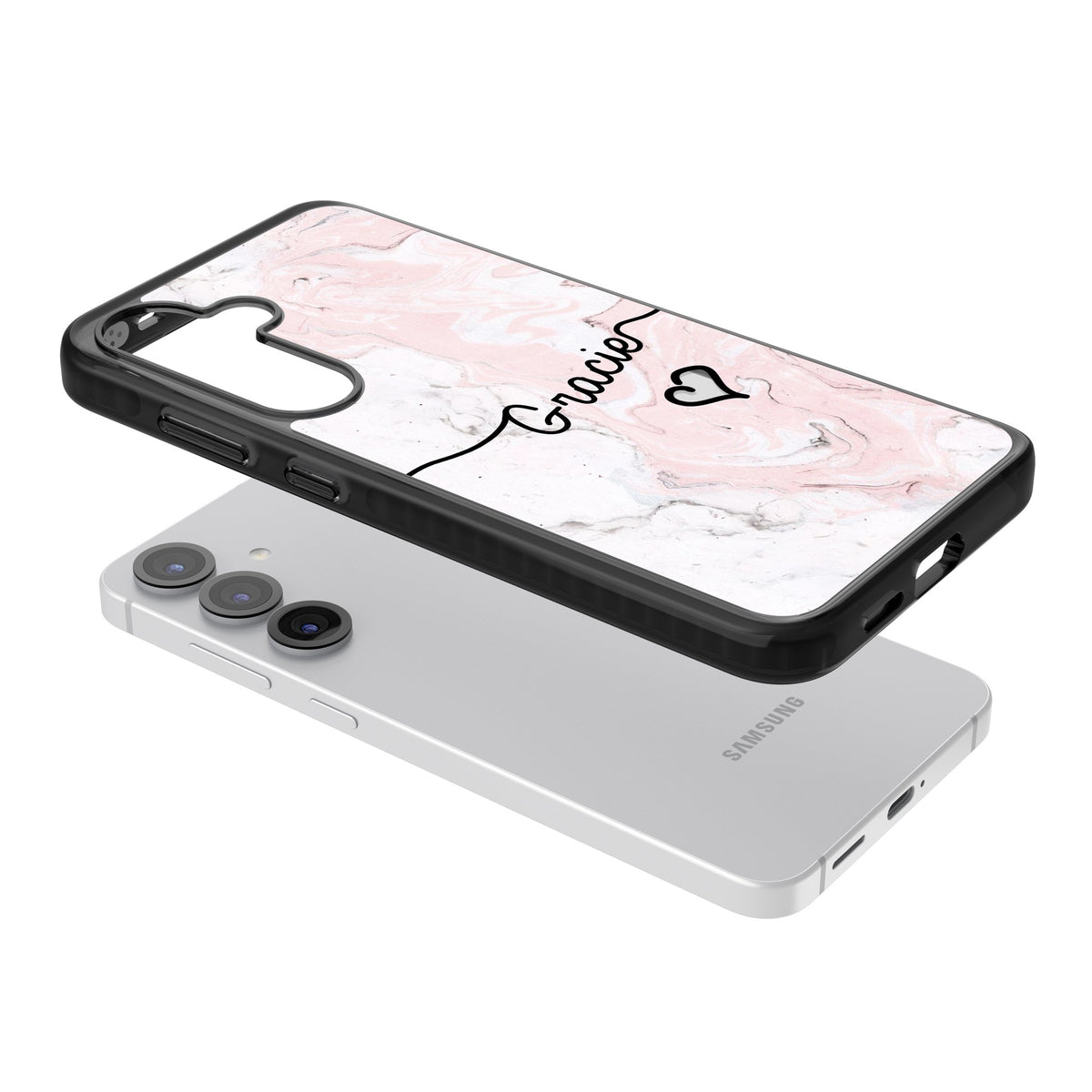 Personalised Pink Marble Samsung S25 / Samsung S25 Plus / Samsung S26 / Samsung S26 Plus Impact Black Phone Case angled