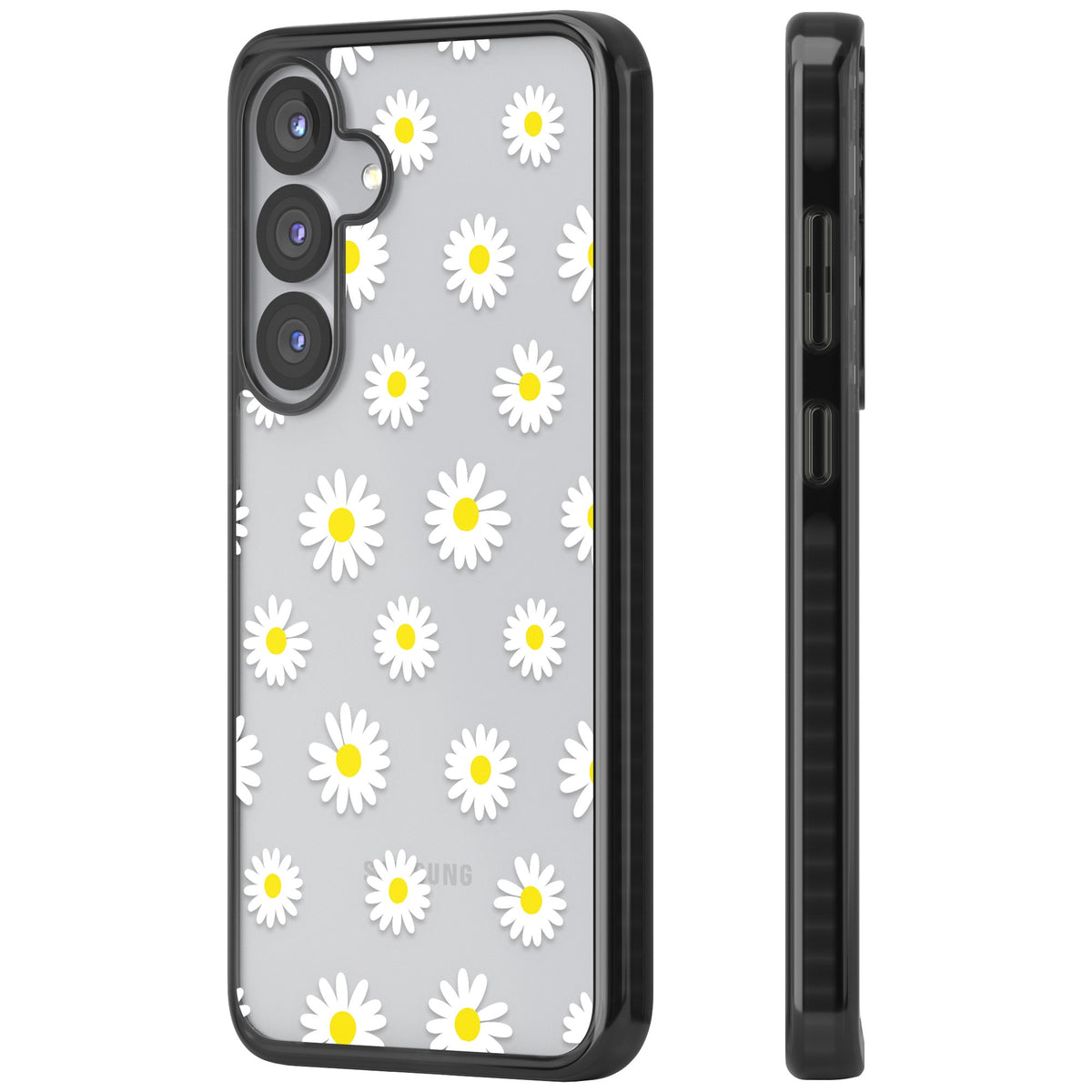 Personalised White Daisy Pattern Samsung S25 / Samsung S25 Plus / Samsung S26 / Samsung S26 Plus Impact Black Phone Case side
