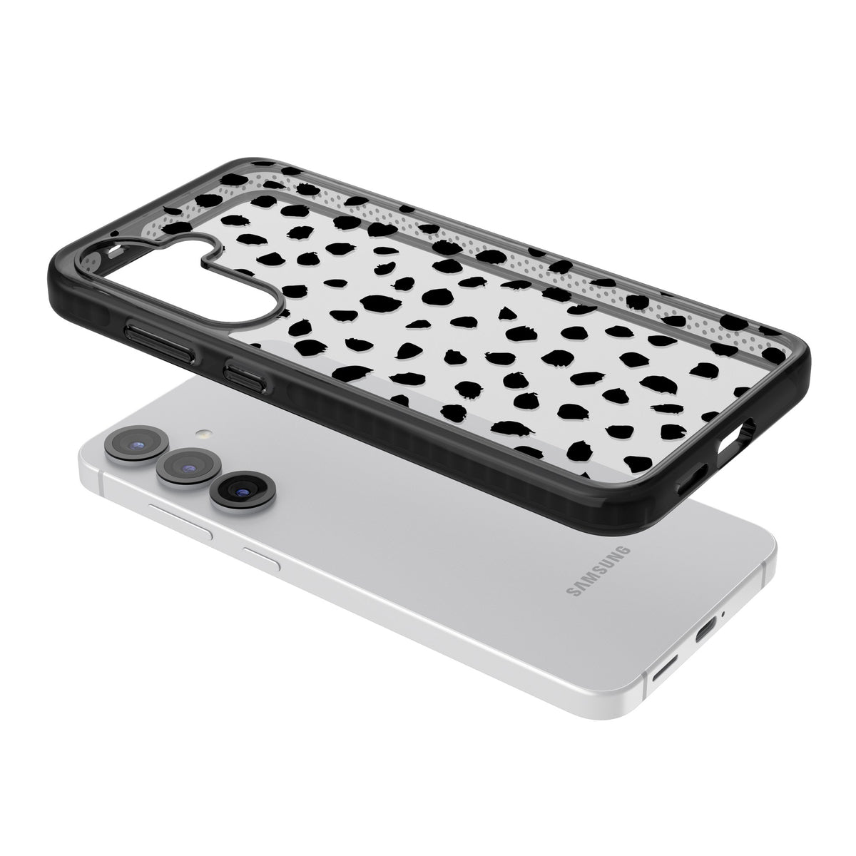 Black Dalmatian Polka Dot Samsung S25 / Samsung S25 Plus / Samsung S26 / Samsung S26 Plus Impact Black Phone Case angled