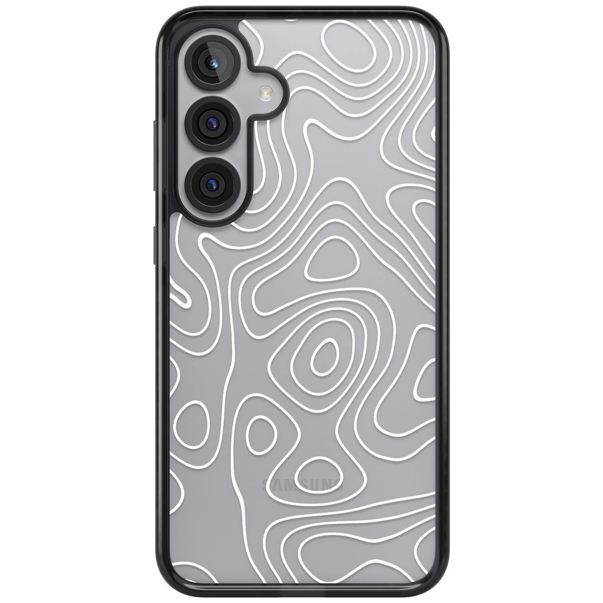 White Damascus Steel abstract iPhone case featuring white topographic contour lines on a clear back with a black bumper Samsung S25 Plus / Samsung S26 / Samsung S26 Plus Impact Black Phone Case front