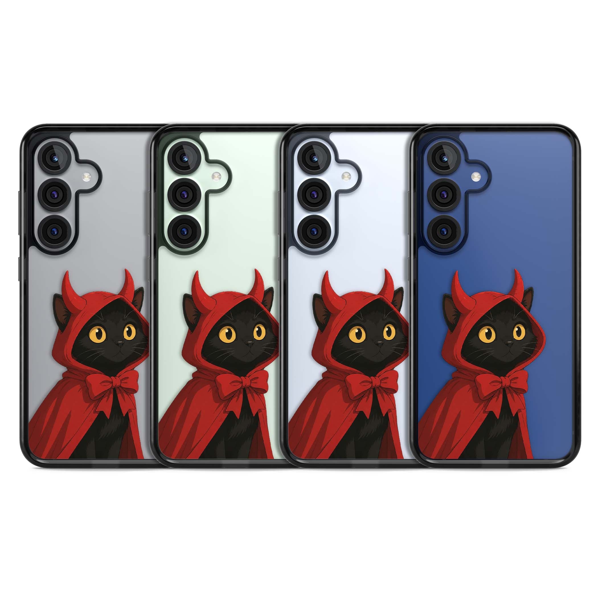 Little Devil halloween iPhone case featuring a black cat in a red hooded devil cloak with horns and golden eyes | Black Impact case for Samsung Galaxy S25, Samsung Galaxy S25 Plus
