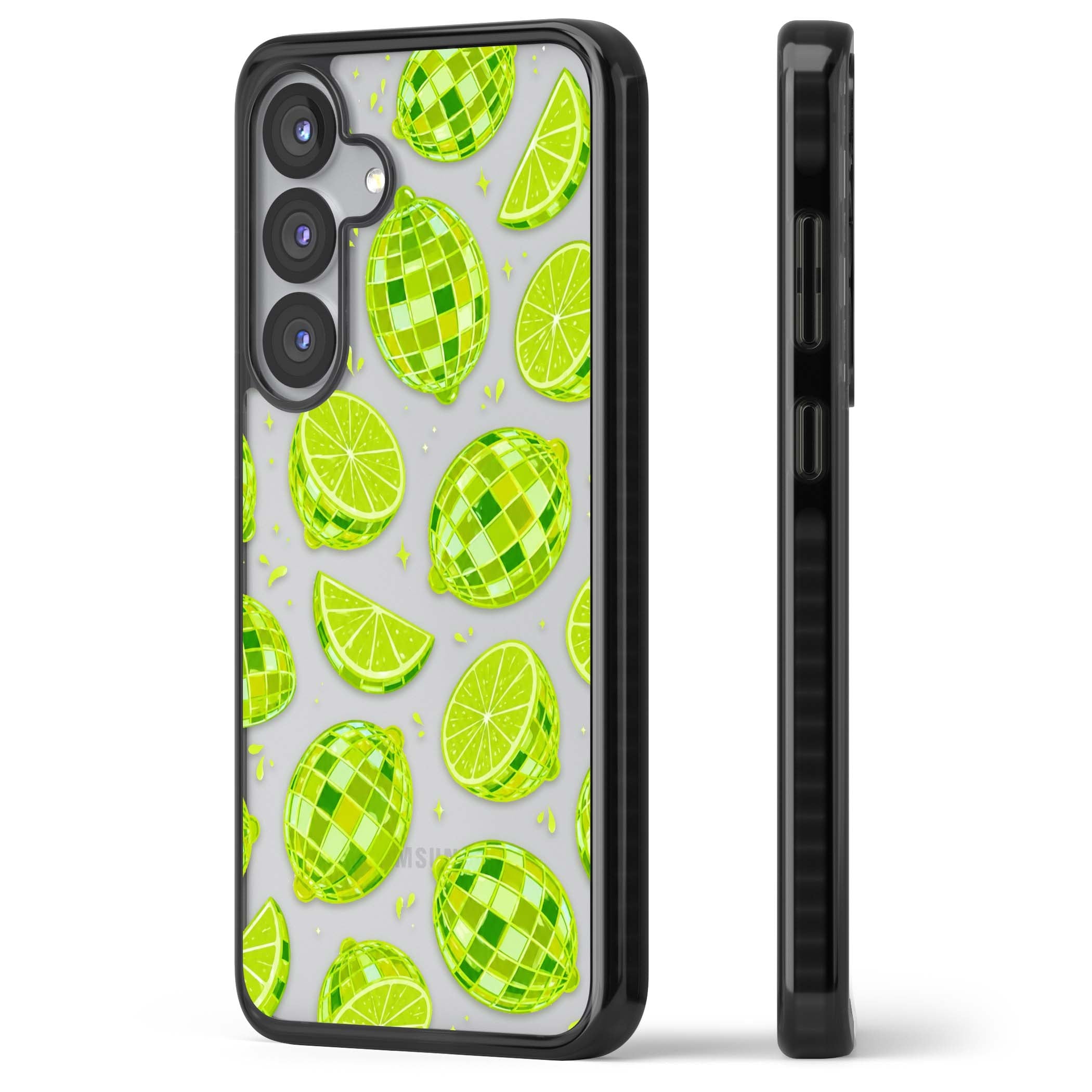 Disco Limes fruit aesthetic iPhone case featuring green disco balls, lime slices and citrus sparkles | Black Impact case for Samsung Galaxy S25, Samsung Galaxy S25 Plus