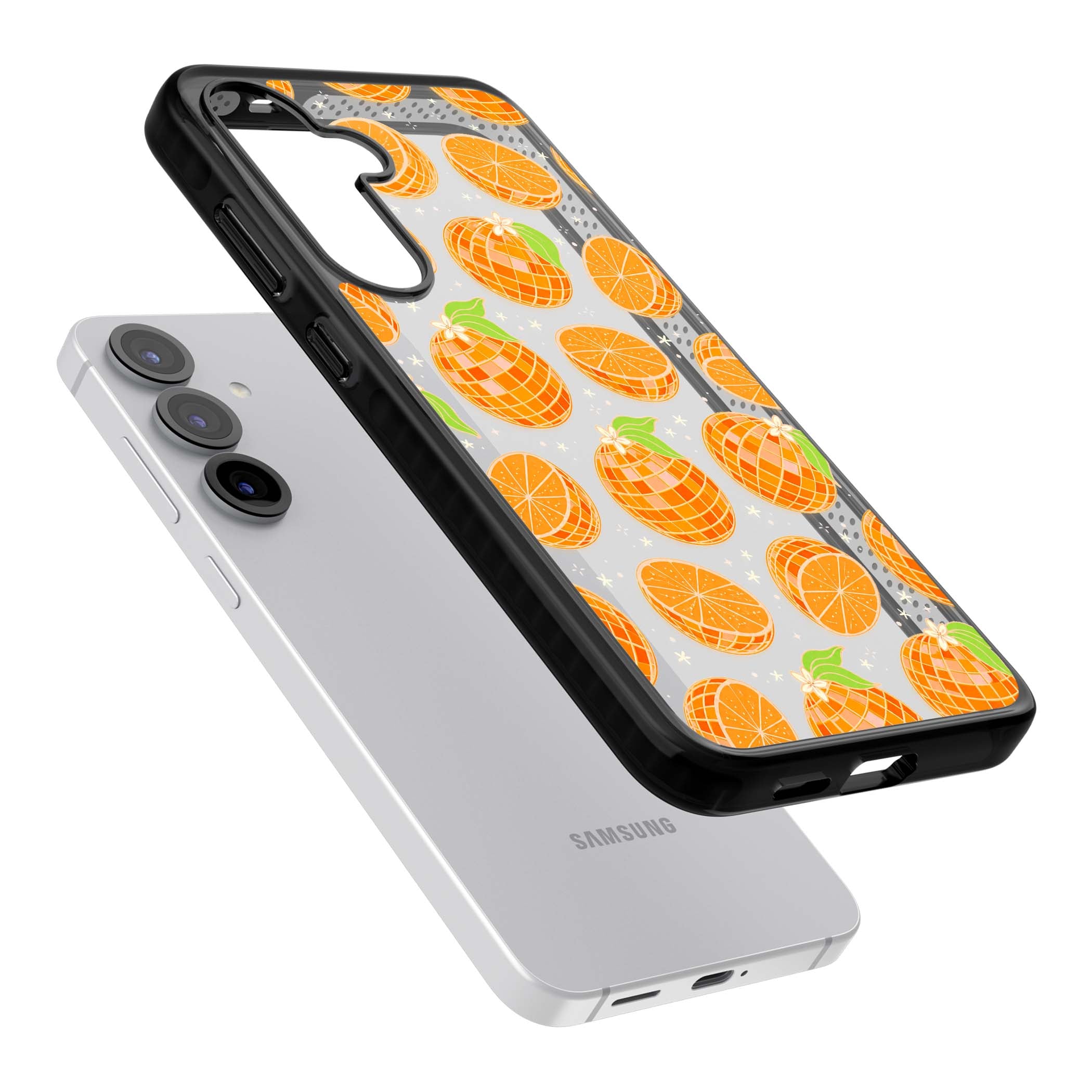 Disco Oranges retro iPhone case featuring mirrorball oranges, citrus slices and tiny blossoms on clear | Black Impact case for Samsung Galaxy S25, Samsung Galaxy S25 Plus