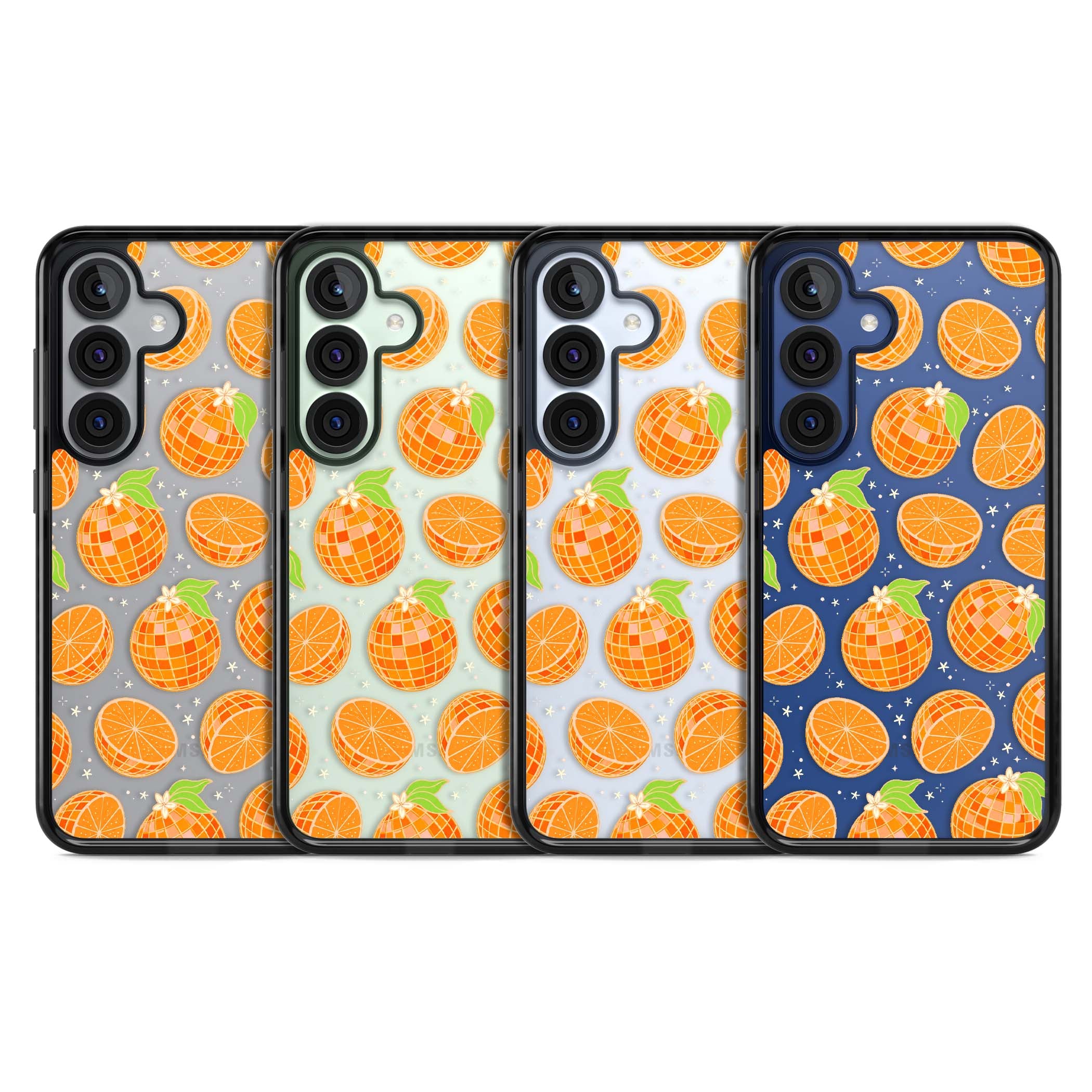 Disco Oranges retro iPhone case featuring mirrorball oranges, citrus slices and tiny blossoms on clear | Black Impact case for Samsung Galaxy S25, Samsung Galaxy S25 Plus
