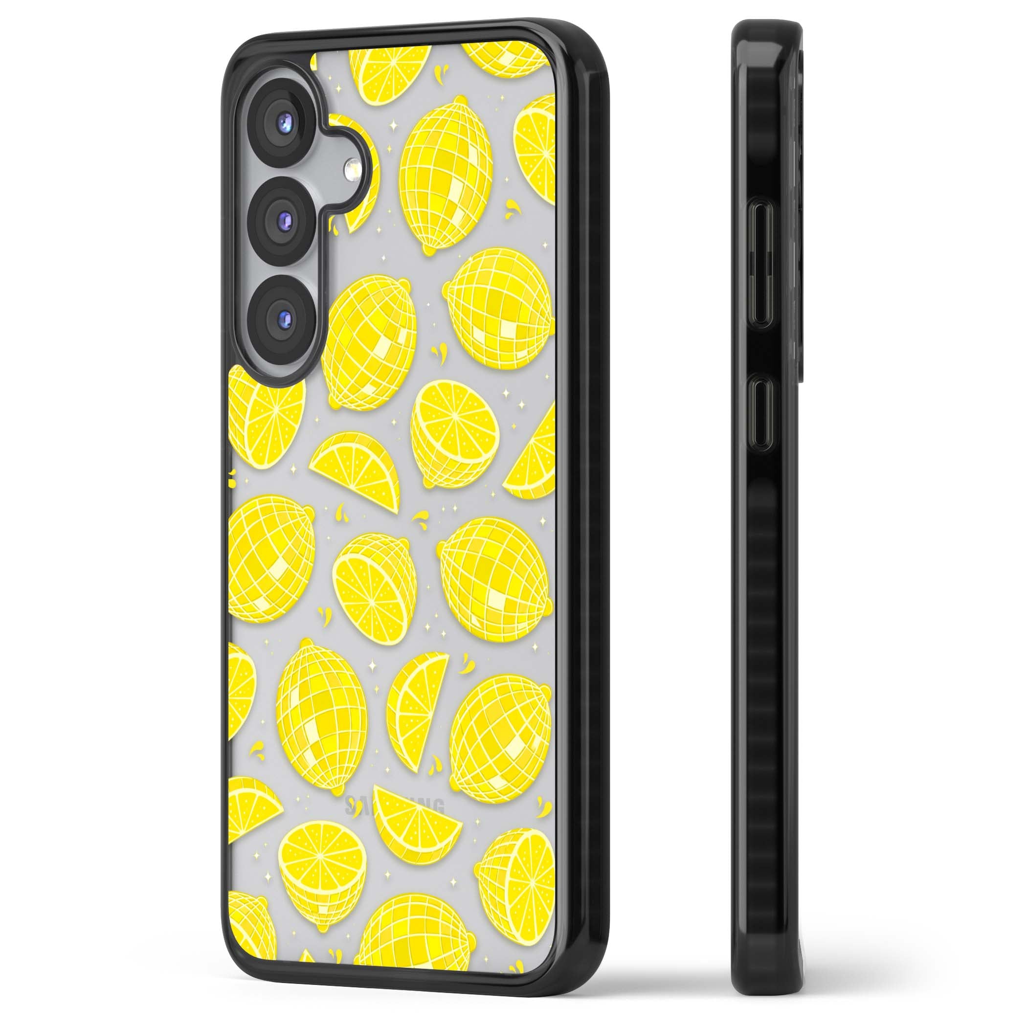 Disco Lemons citrus iPhone case featuring mirrorball lemons, sliced fruit and sparkle accents | Black Impact case for Samsung Galaxy S25, Samsung Galaxy S25 Plus