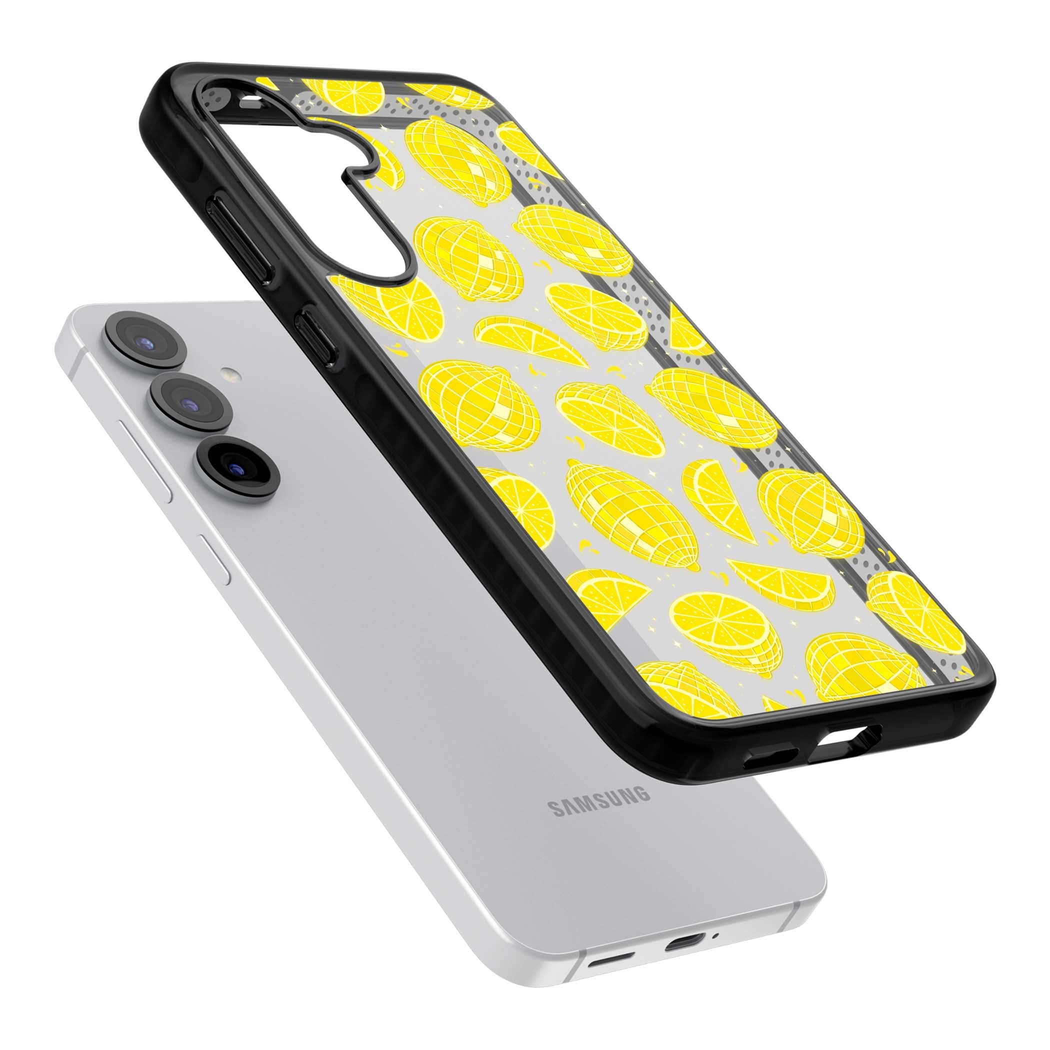 Disco Lemons citrus iPhone case featuring mirrorball lemons, sliced fruit and sparkle accents | Black Impact case for Samsung Galaxy S25, Samsung Galaxy S25 Plus