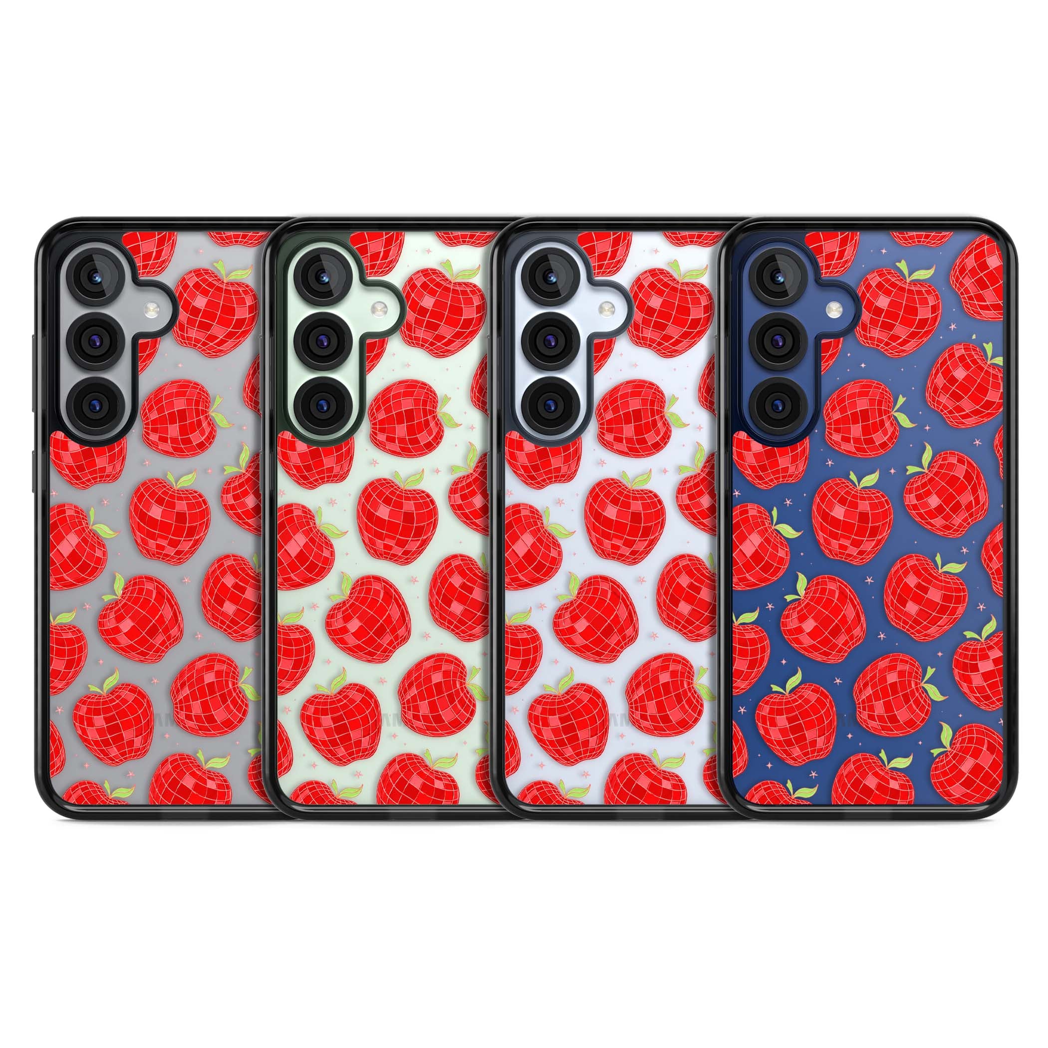 Disco Apples Y2K iPhone case featuring red disco ball apples, green leaves and pink sparkles on clear | Black Impact case for Samsung Galaxy S25, Samsung Galaxy S25 Plus