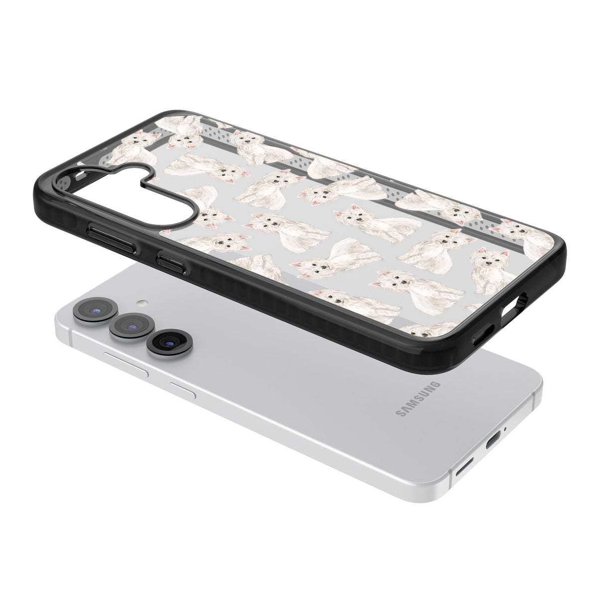 Westie Dog Pattern Samsung S25 / Samsung S25 Plus / Samsung S26 / Samsung S26 Plus Impact Black Phone Case angled