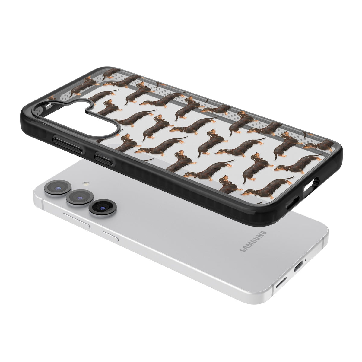 Dachshund Pattern Black Tan Samsung S25 / Samsung S25 Plus / Samsung S26 / Samsung S26 Plus Impact Black Phone Case angled