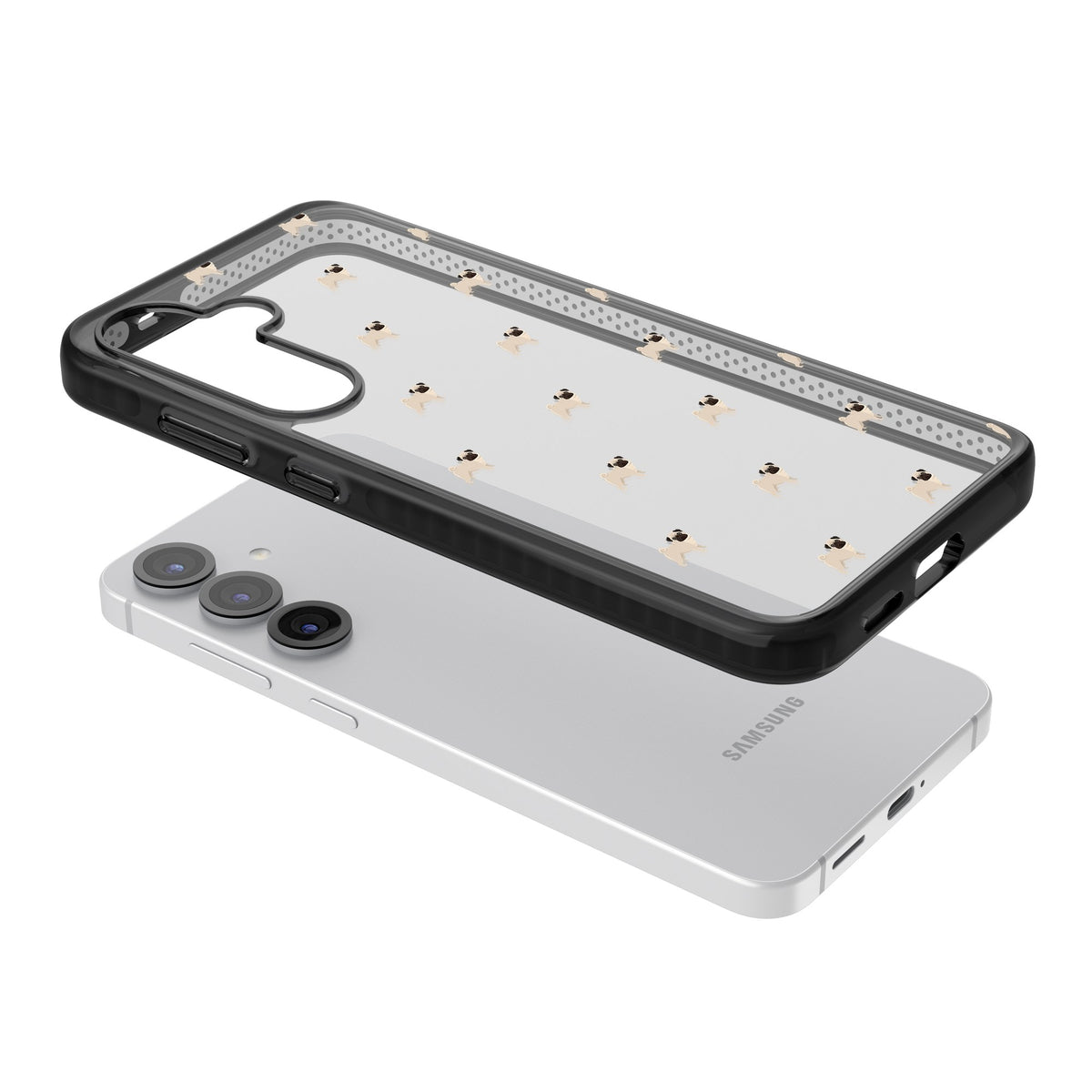 Pug Pattern Samsung S25 / Samsung S25 Plus / Samsung S26 / Samsung S26 Plus Impact Black Phone Case angled