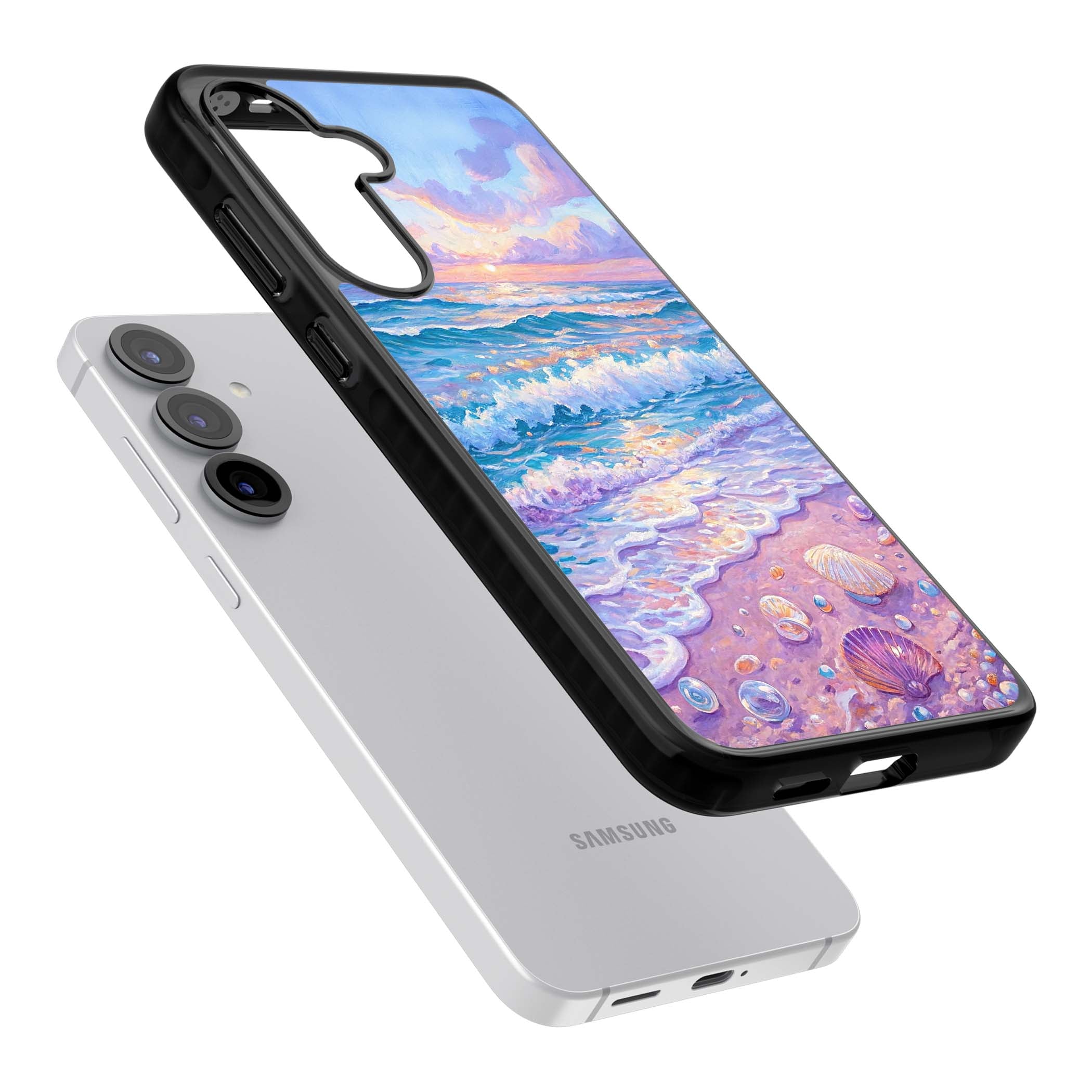 Pearl Shore coastal iPhone case featuring pastel painted waves, seashells, and a sunrise sky over a lavender beach. | Black Impact case for Samsung Galaxy S25, Samsung Galaxy S25 Plus