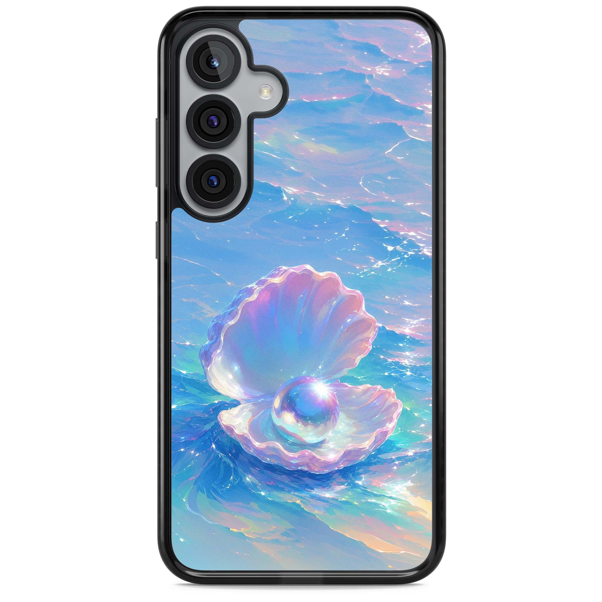 The Pearl Clam mermaidcore iPhone case featuring iridescent seashell, glowing pearl and pastel ocean waves | Black Impact case for Samsung Galaxy S25, Samsung Galaxy S25 Plus