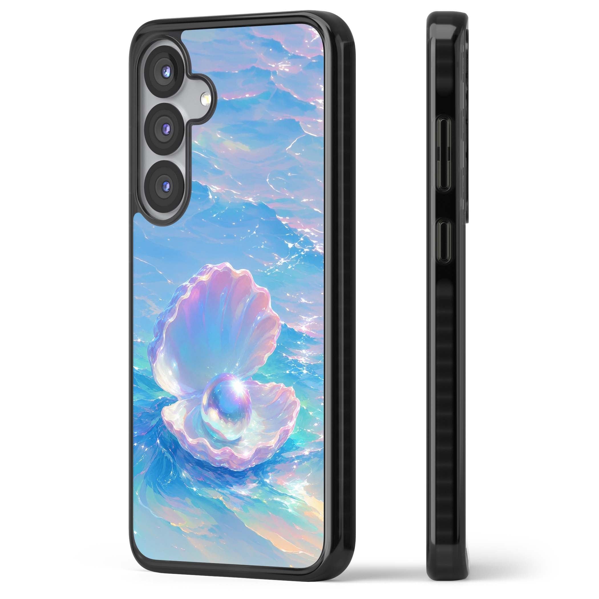 The Pearl Clam mermaidcore iPhone case featuring iridescent seashell, glowing pearl and pastel ocean waves | Black Impact case for Samsung Galaxy S25, Samsung Galaxy S25 Plus