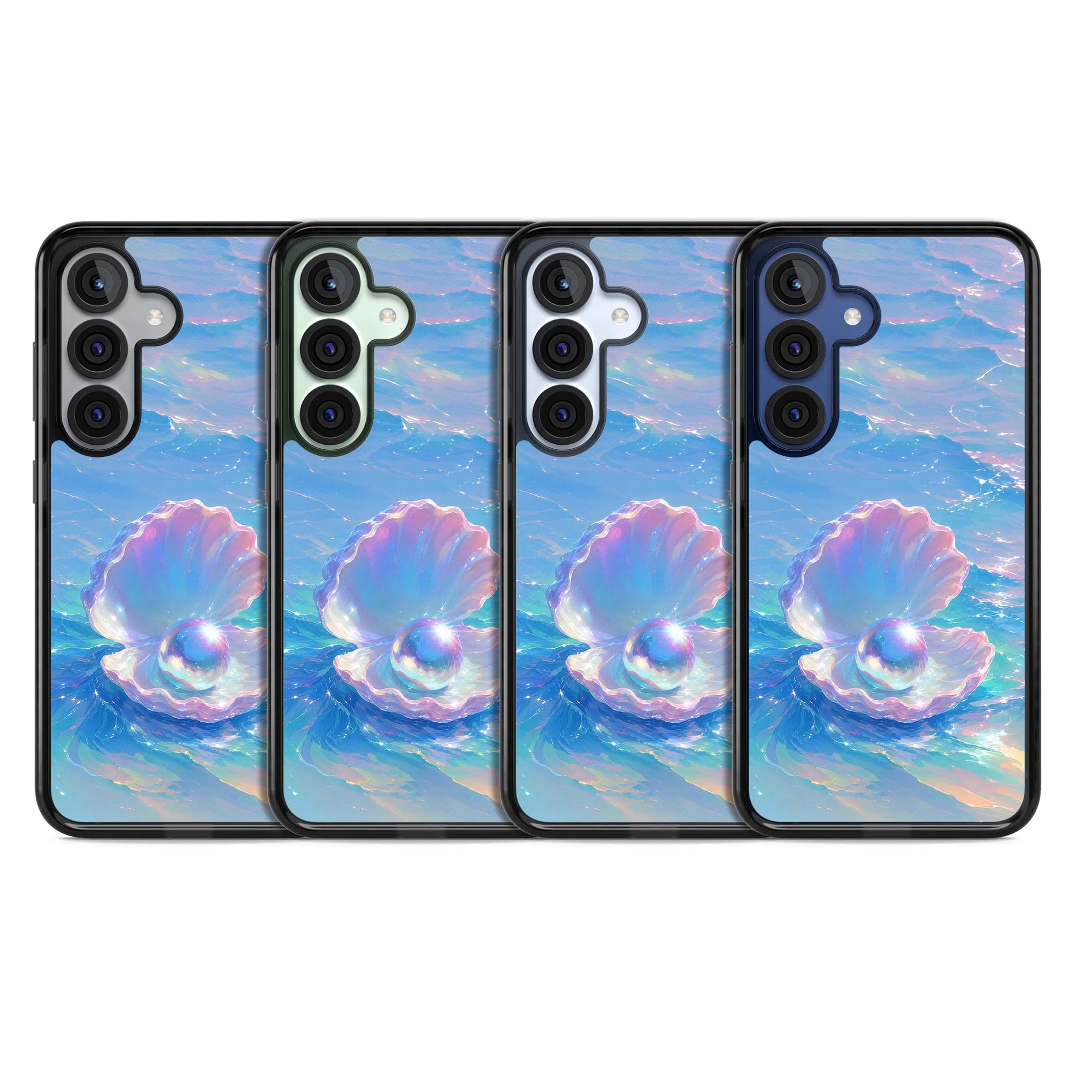 The Pearl Clam mermaidcore iPhone case featuring iridescent seashell, glowing pearl and pastel ocean waves | Black Impact case for Samsung Galaxy S25, Samsung Galaxy S25 Plus