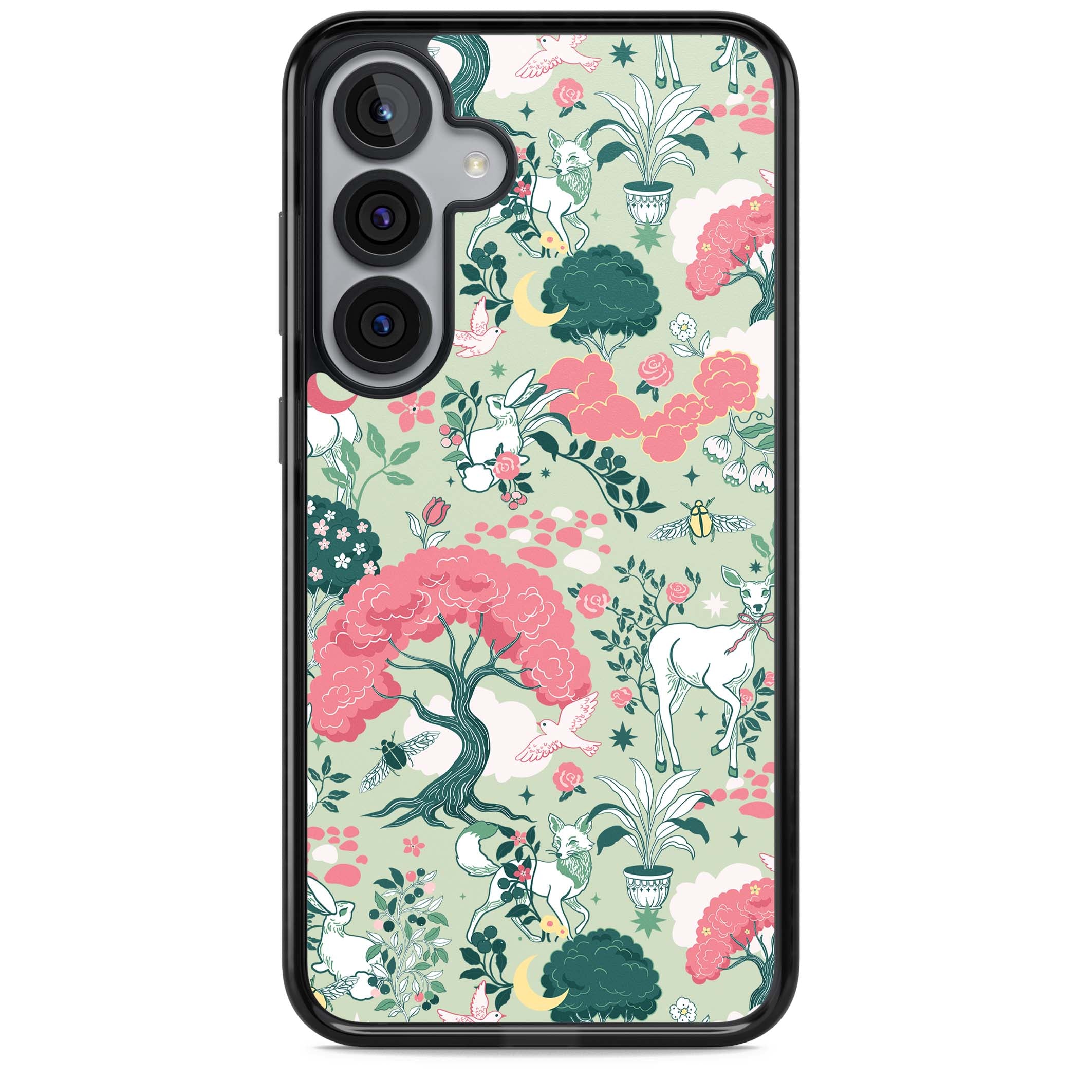 Enchanted Woodland cottagecore iPhone case featuring white deer, pink roses, mushrooms and woodland animals on sage green | Black Impact case for Samsung Galaxy S25, Samsung Galaxy S25 Plus