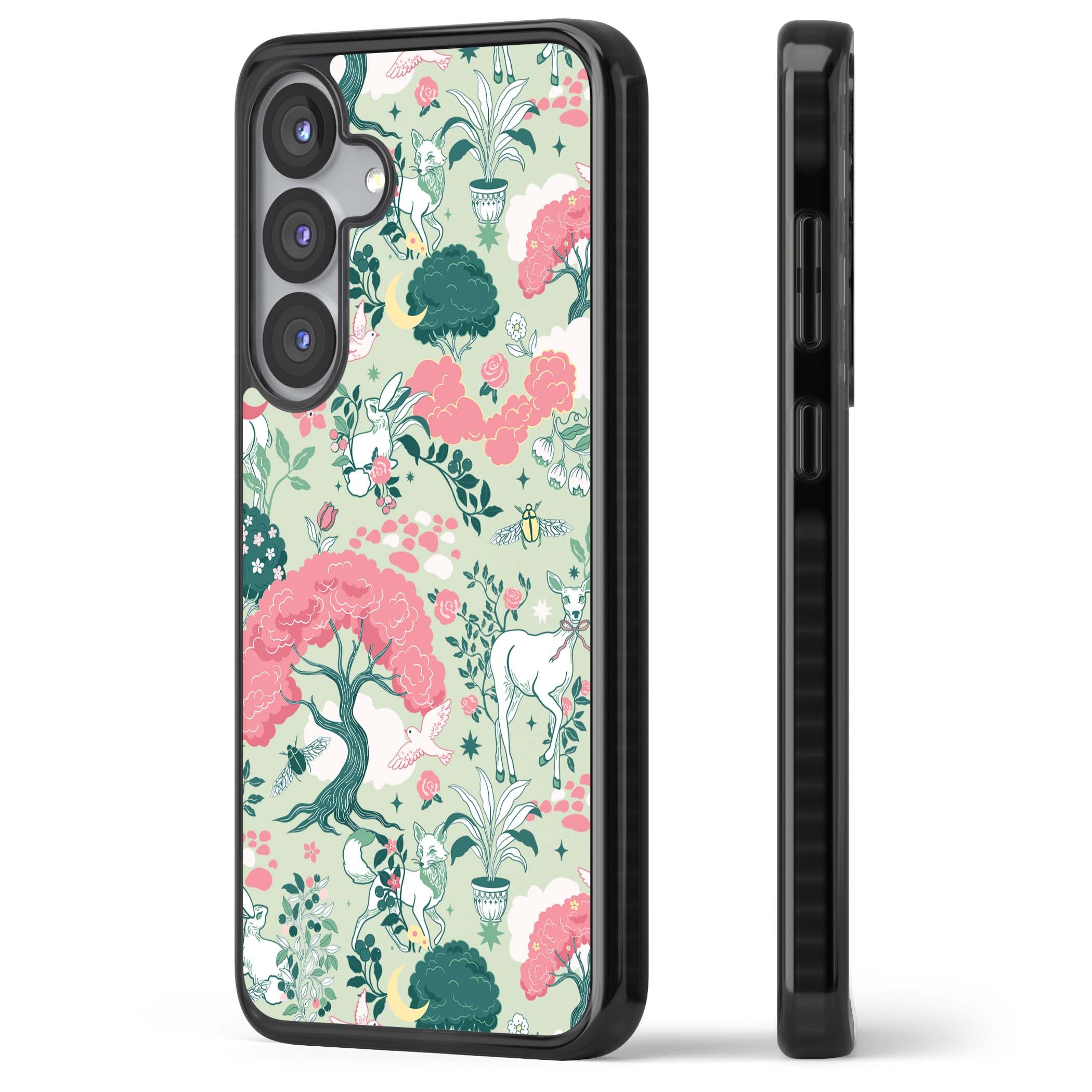 Enchanted Woodland cottagecore iPhone case featuring white deer, pink roses, mushrooms and woodland animals on sage green | Black Impact case for Samsung Galaxy S25, Samsung Galaxy S25 Plus