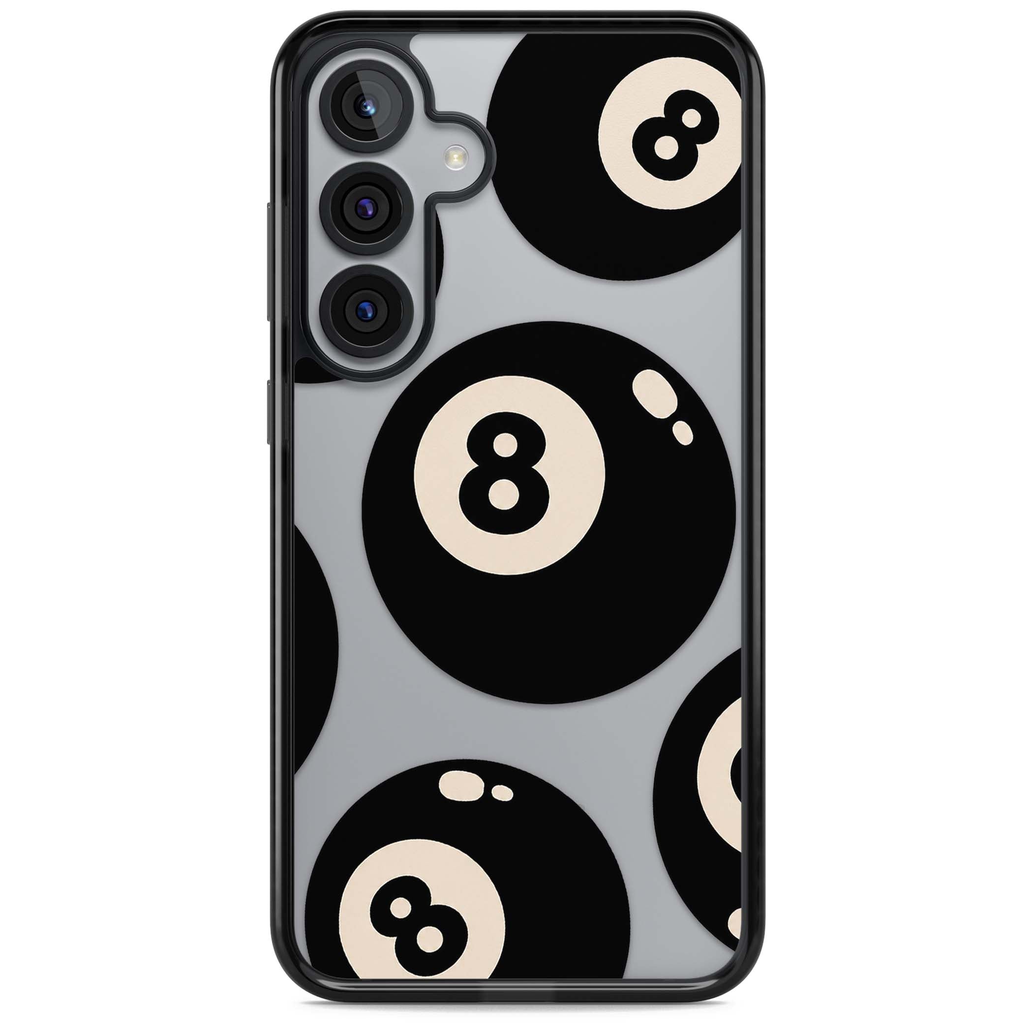 Eights y2k iPhone case featuring scattered black 8 balls with cream highlights on a clear background | Black Impact case for Samsung Galaxy S25, Samsung Galaxy S25 Plus