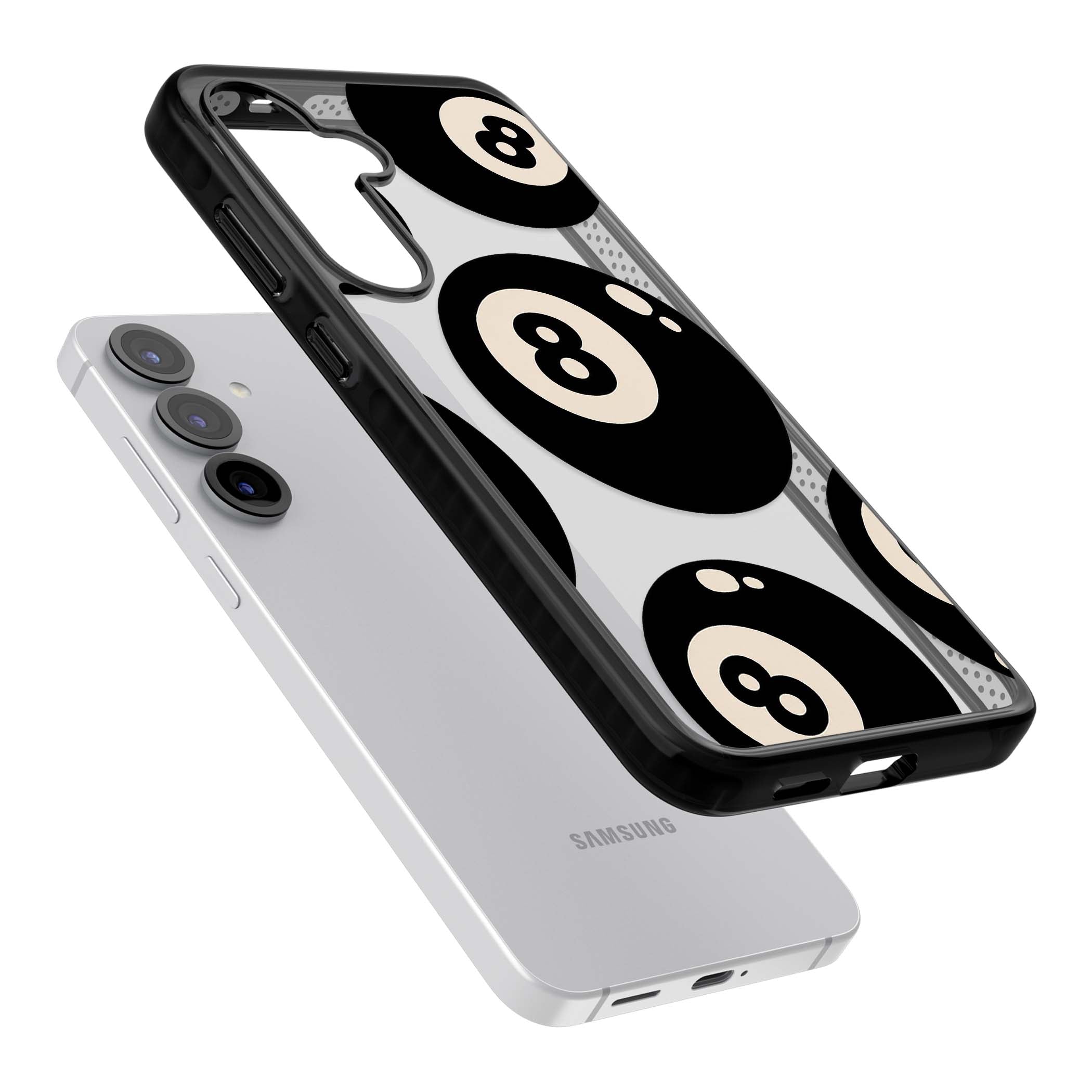 Eights y2k iPhone case featuring scattered black 8 balls with cream highlights on a clear background | Black Impact case for Samsung Galaxy S25, Samsung Galaxy S25 Plus