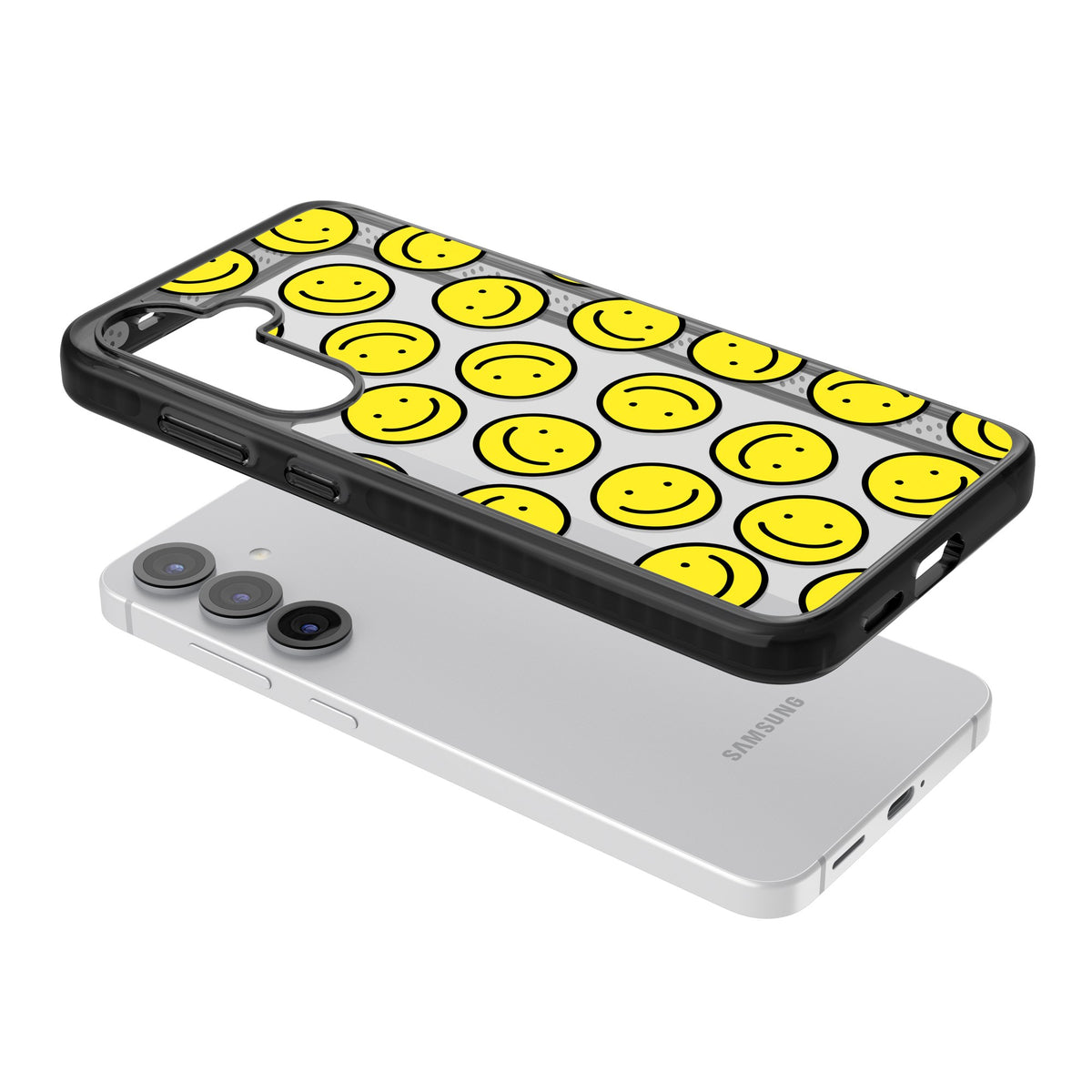 Smiley Face Pattern Samsung S25 / Samsung S25 Plus / Samsung S26 / Samsung S26 Plus Impact Black Phone Case angled