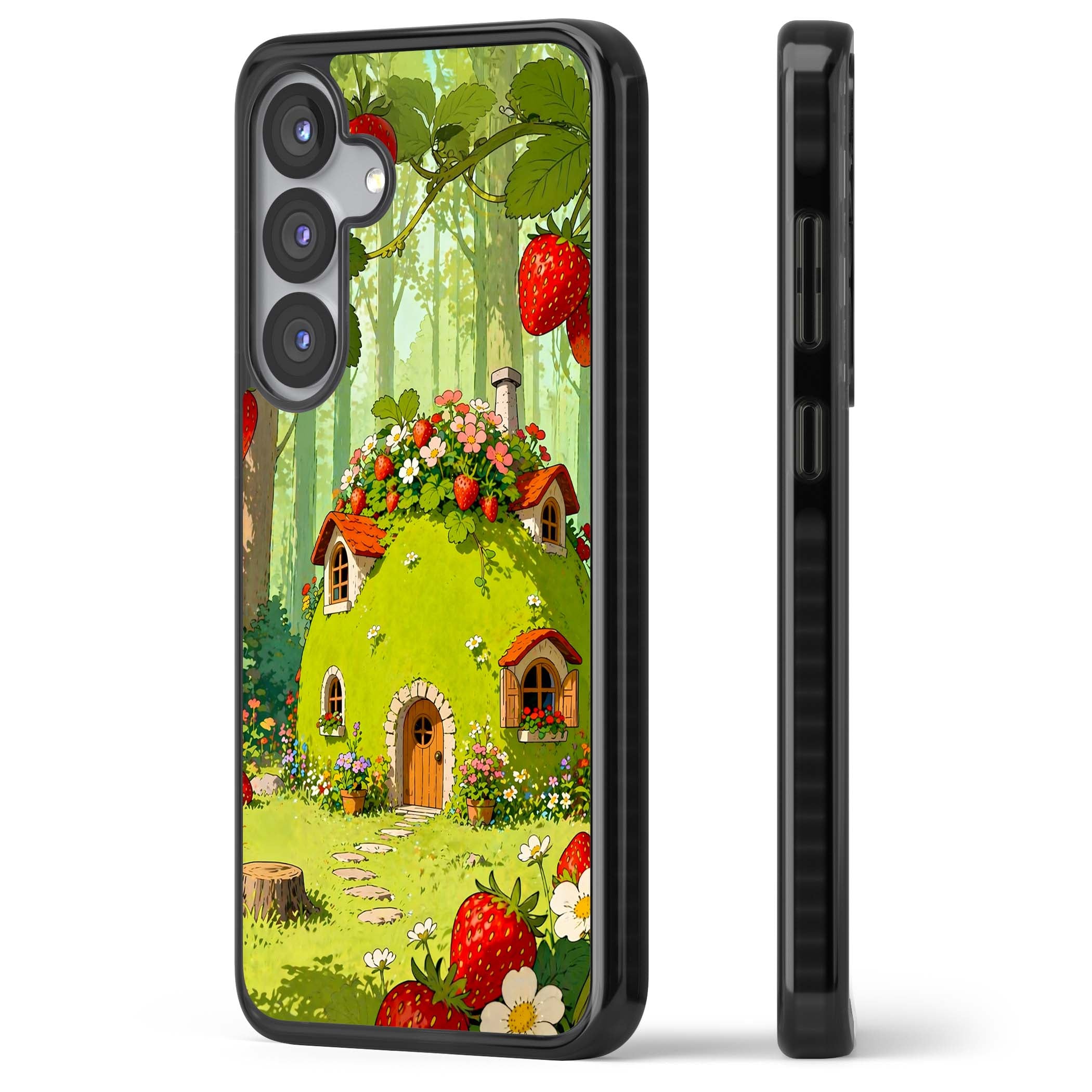 Strawberry Cottage cottagecore iPhone case featuring a green fairy house, wild strawberries and enchanted forest flowers | Black Impact case for Samsung Galaxy S25, Samsung Galaxy S25 Plus