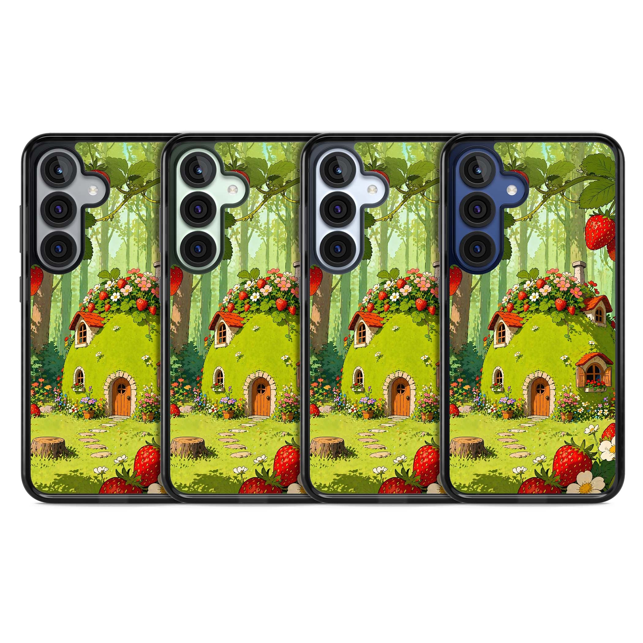 Strawberry Cottage cottagecore iPhone case featuring a green fairy house, wild strawberries and enchanted forest flowers | Black Impact case for Samsung Galaxy S25, Samsung Galaxy S25 Plus