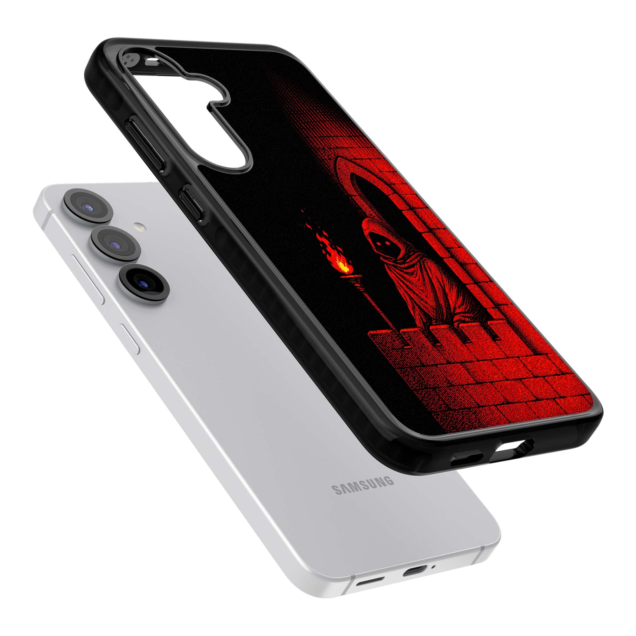 Crimson Crypt gothic iPhone case featuring a hooded reaper, torchlit crypt archway and red halftone horror art | Black Impact case for Samsung Galaxy S25, Samsung Galaxy S25 Plus