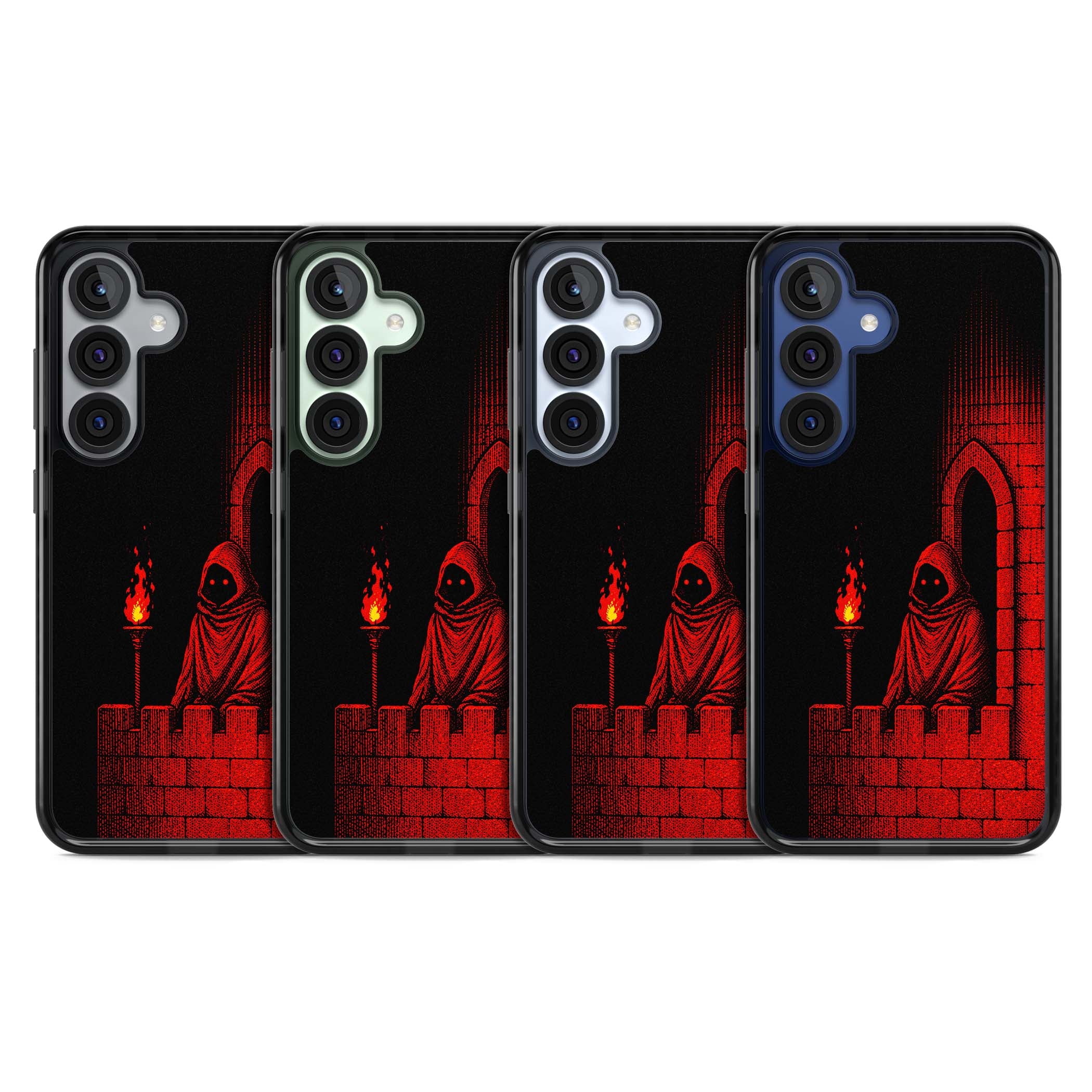 Crimson Crypt gothic iPhone case featuring a hooded reaper, torchlit crypt archway and red halftone horror art | Black Impact case for Samsung Galaxy S25, Samsung Galaxy S25 Plus