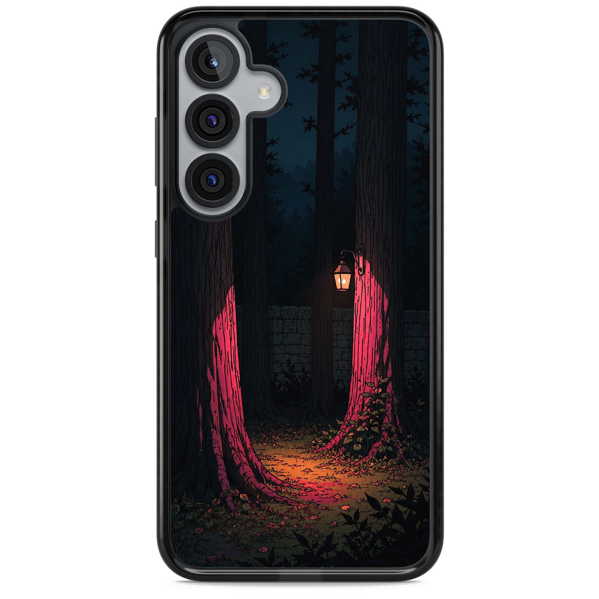 Forest Lantern dark academia iPhone case featuring a moonlit forest, glowing lantern, and stone wall pathway | Black Impact case for Samsung Galaxy S25, Samsung Galaxy S25 Plus