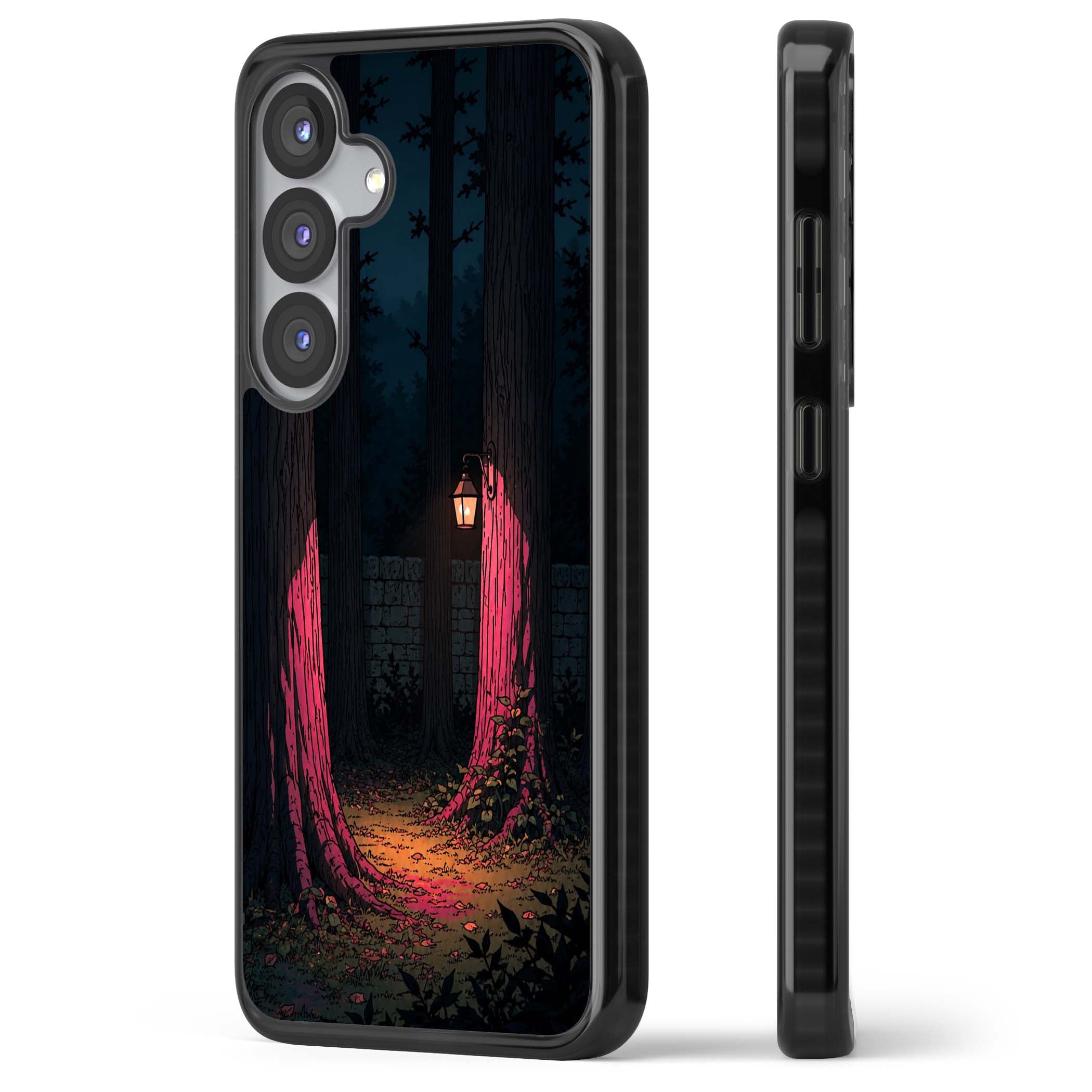 Forest Lantern dark academia iPhone case featuring a moonlit forest, glowing lantern, and stone wall pathway | Black Impact case for Samsung Galaxy S25, Samsung Galaxy S25 Plus