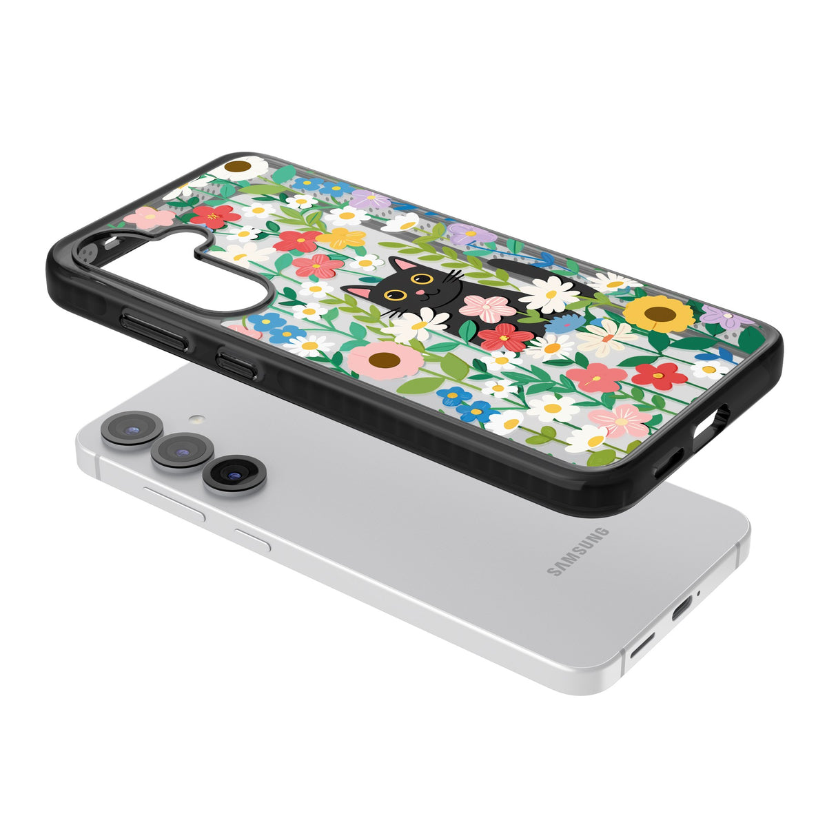 Whiskers & Wildflowers Samsung S25 / Samsung S25 Plus / Samsung S26 / Samsung S26 Plus Impact Black Phone Case angled