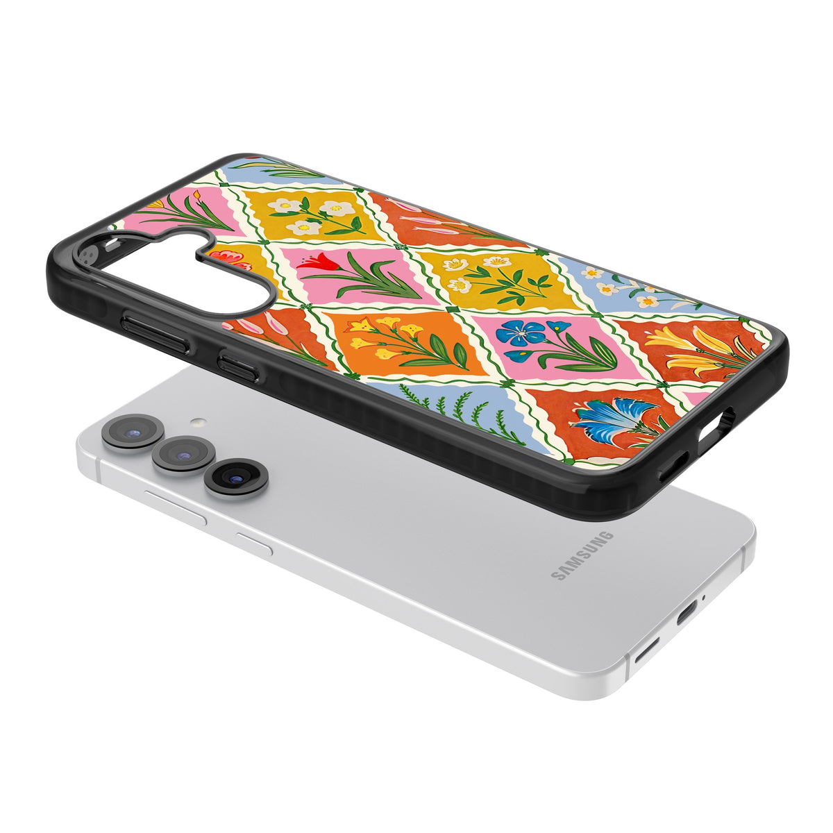 Floral Quilt Samsung S25 / Samsung S25 Plus / Samsung S26 / Samsung S26 Plus Impact Black Phone Case angled