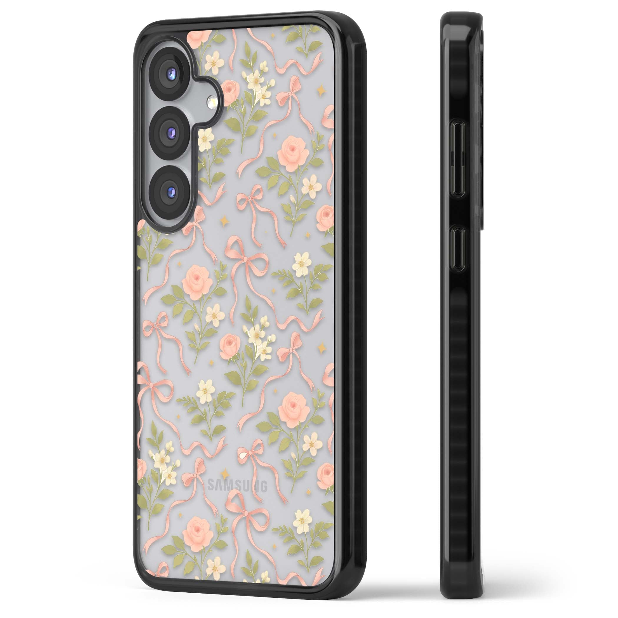 Ribbon Garden coquette iPhone case featuring pink bows, peach roses and wildflowers on white background | Black Impact case for Samsung Galaxy S25, Samsung Galaxy S25 Plus
