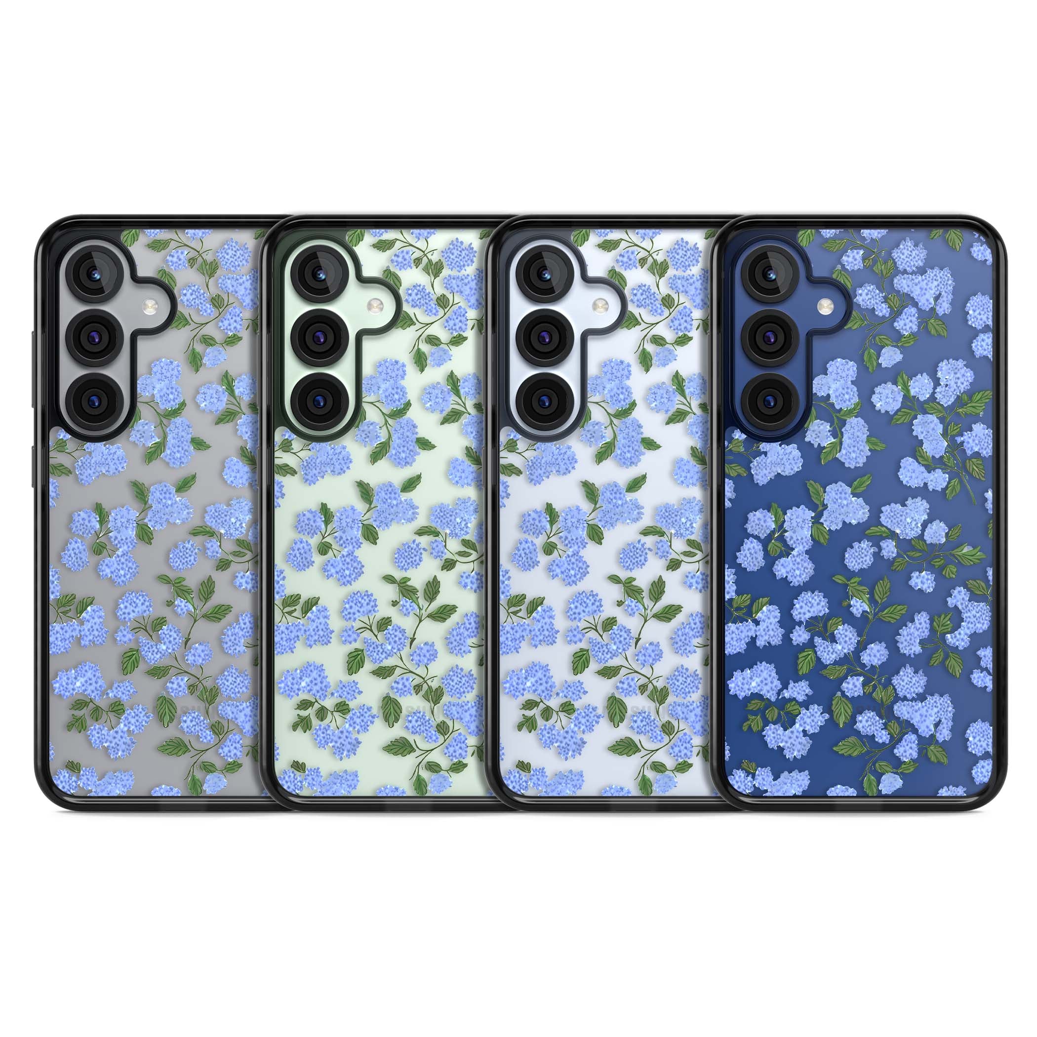 Hydrangea Dreams cottagecore iPhone case featuring soft blue hydrangea flower clusters and green leaves | Black Impact case for Samsung Galaxy S25, Samsung Galaxy S25 Plus