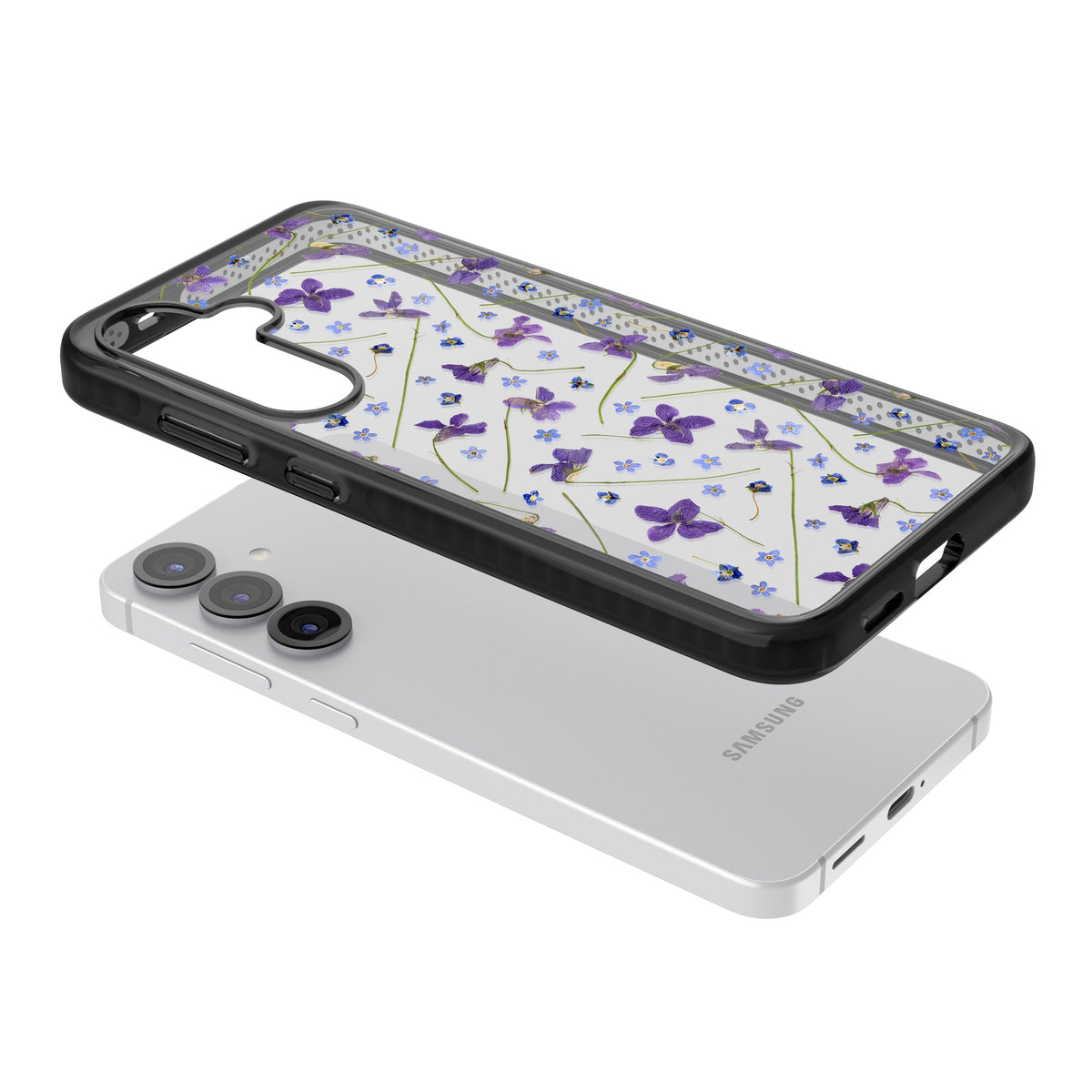Pressed Violets Samsung S25 / Samsung S25 Plus / Samsung S26 / Samsung S26 Plus Impact Black Phone Case angled