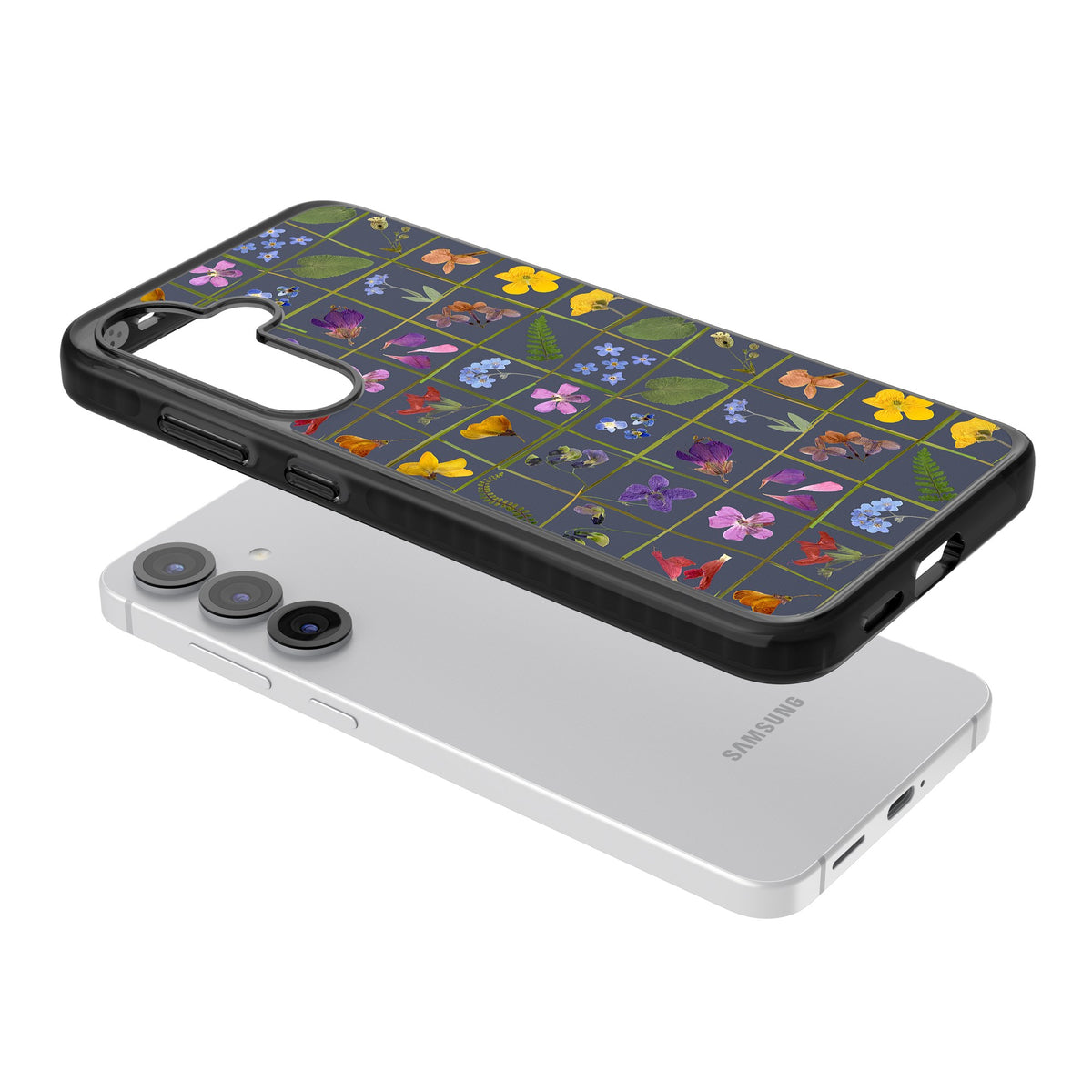 Wildflower Grid Samsung S25 / Samsung S25 Plus / Samsung S26 / Samsung S26 Plus Impact Black Phone Case angled