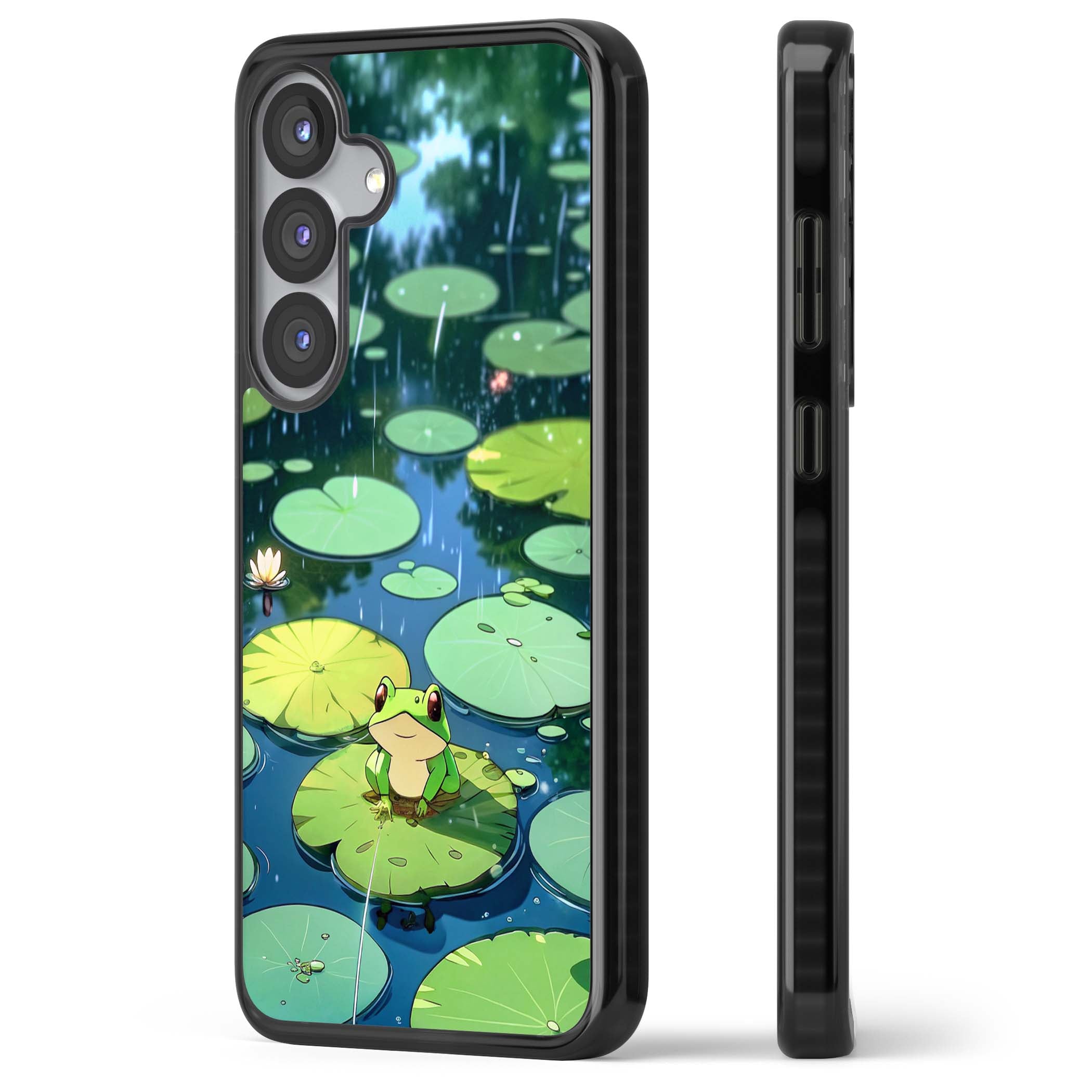 Frog In Lily Pond cottagecore iPhone case featuring a cute green frog on a lily pad with falling rain and a lotus flower | Black Impact case for Samsung Galaxy S25, Samsung Galaxy S25 Plus