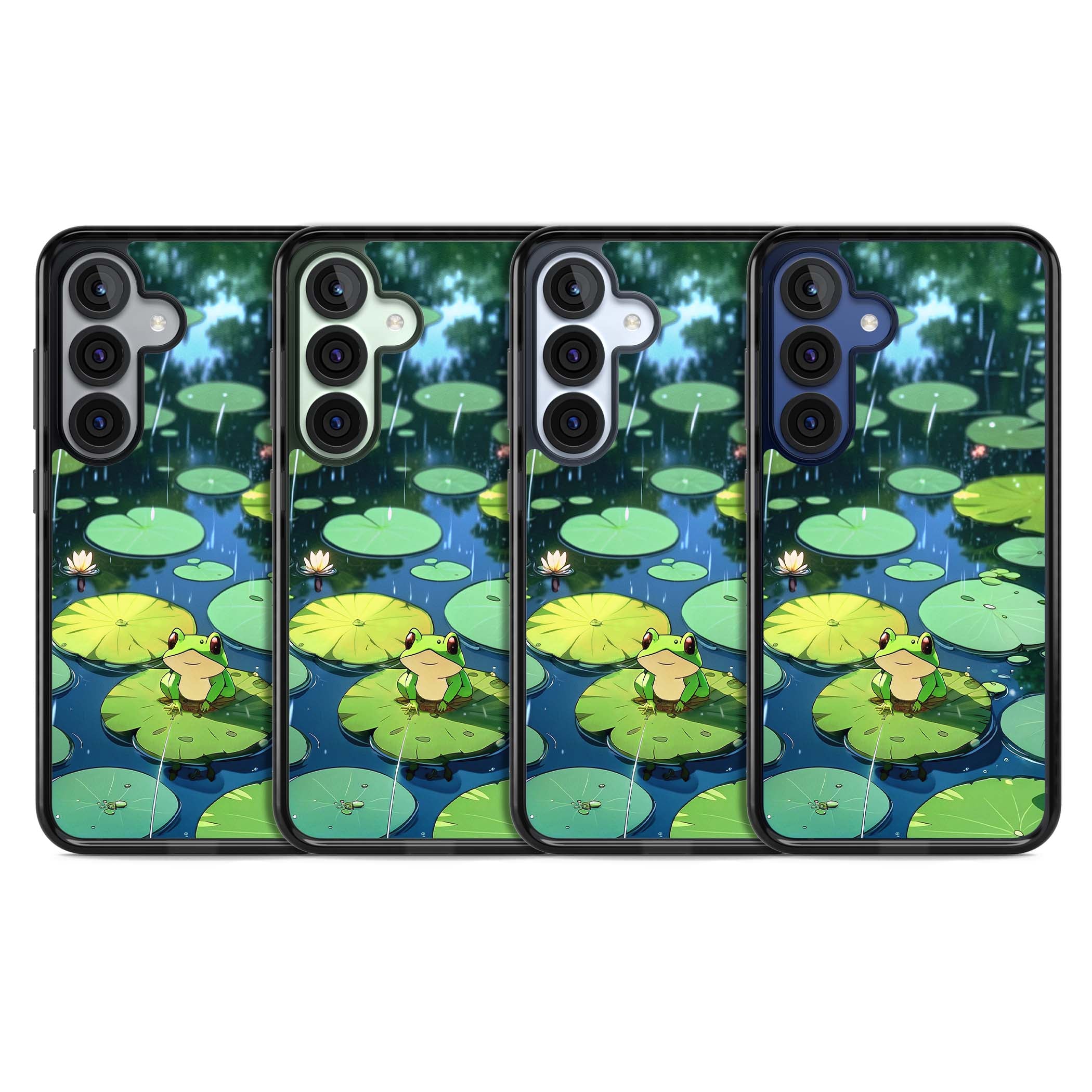 Frog In Lily Pond cottagecore iPhone case featuring a cute green frog on a lily pad with falling rain and a lotus flower | Black Impact case for Samsung Galaxy S25, Samsung Galaxy S25 Plus
