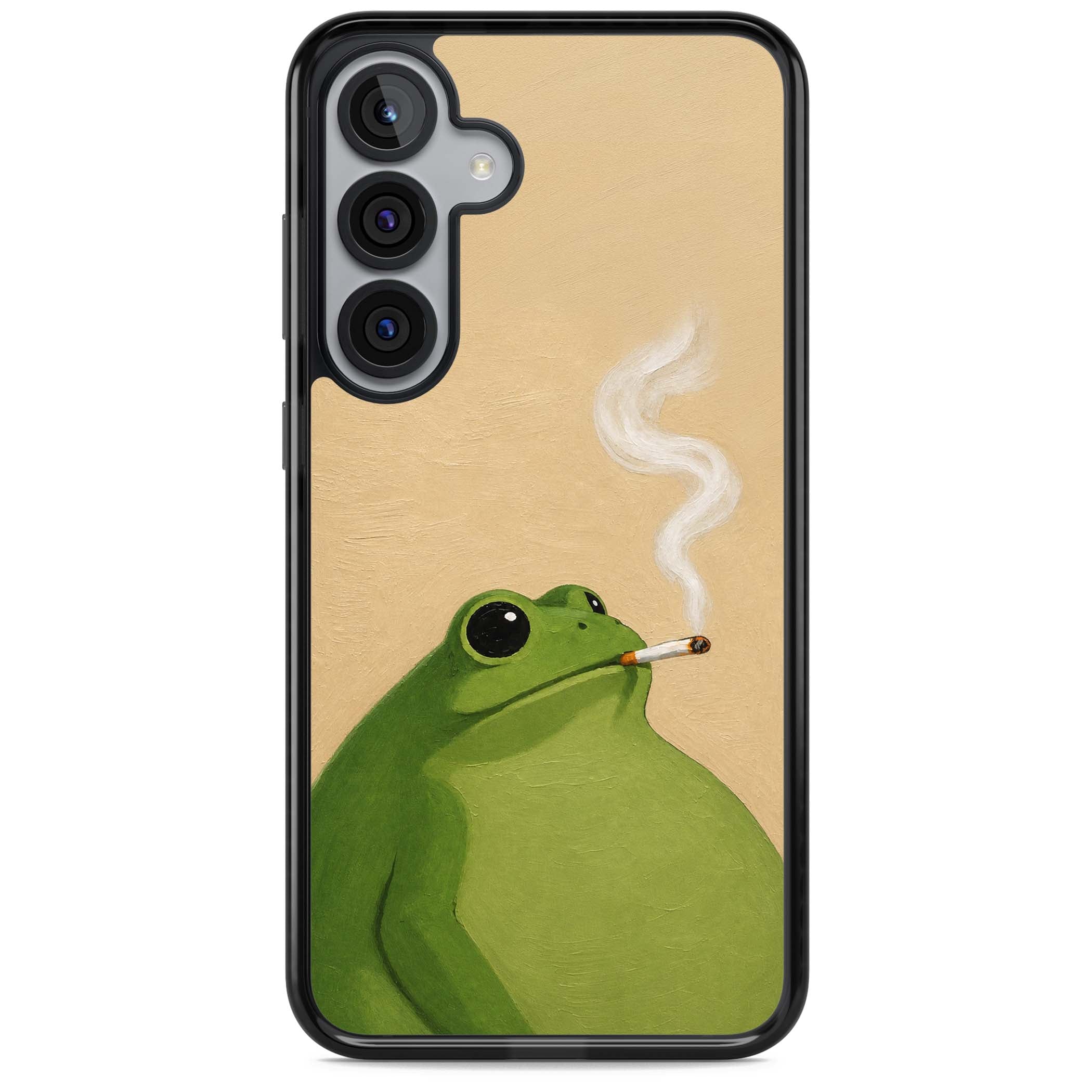 The Smoking Frog cottagecore iPhone case featuring a hand-painted green frog smoking a cigarette on a cream oil painting back | Black Impact case for Samsung Galaxy S25, Samsung Galaxy S25 Plus