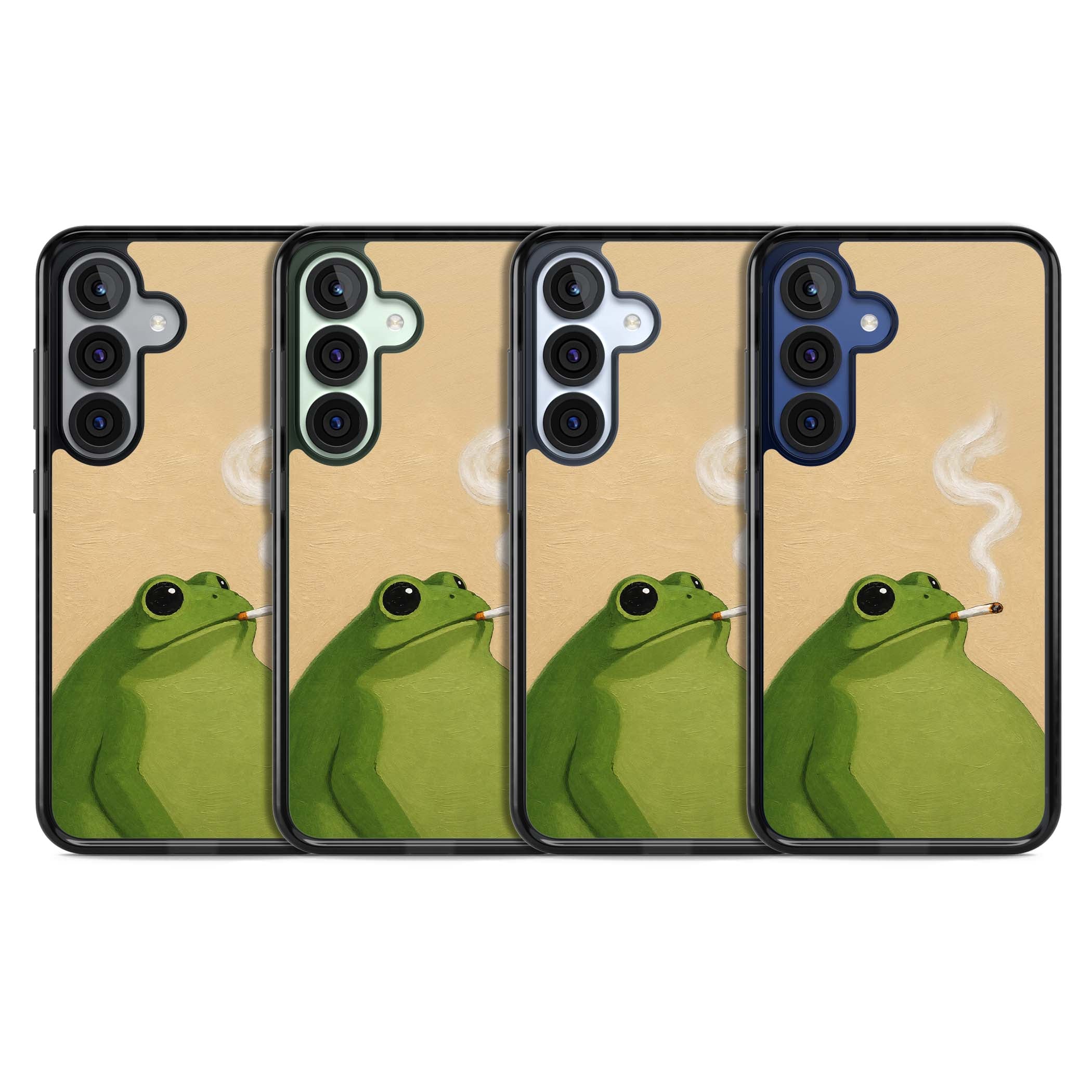 The Smoking Frog cottagecore iPhone case featuring a hand-painted green frog smoking a cigarette on a cream oil painting back | Black Impact case for Samsung Galaxy S25, Samsung Galaxy S25 Plus
