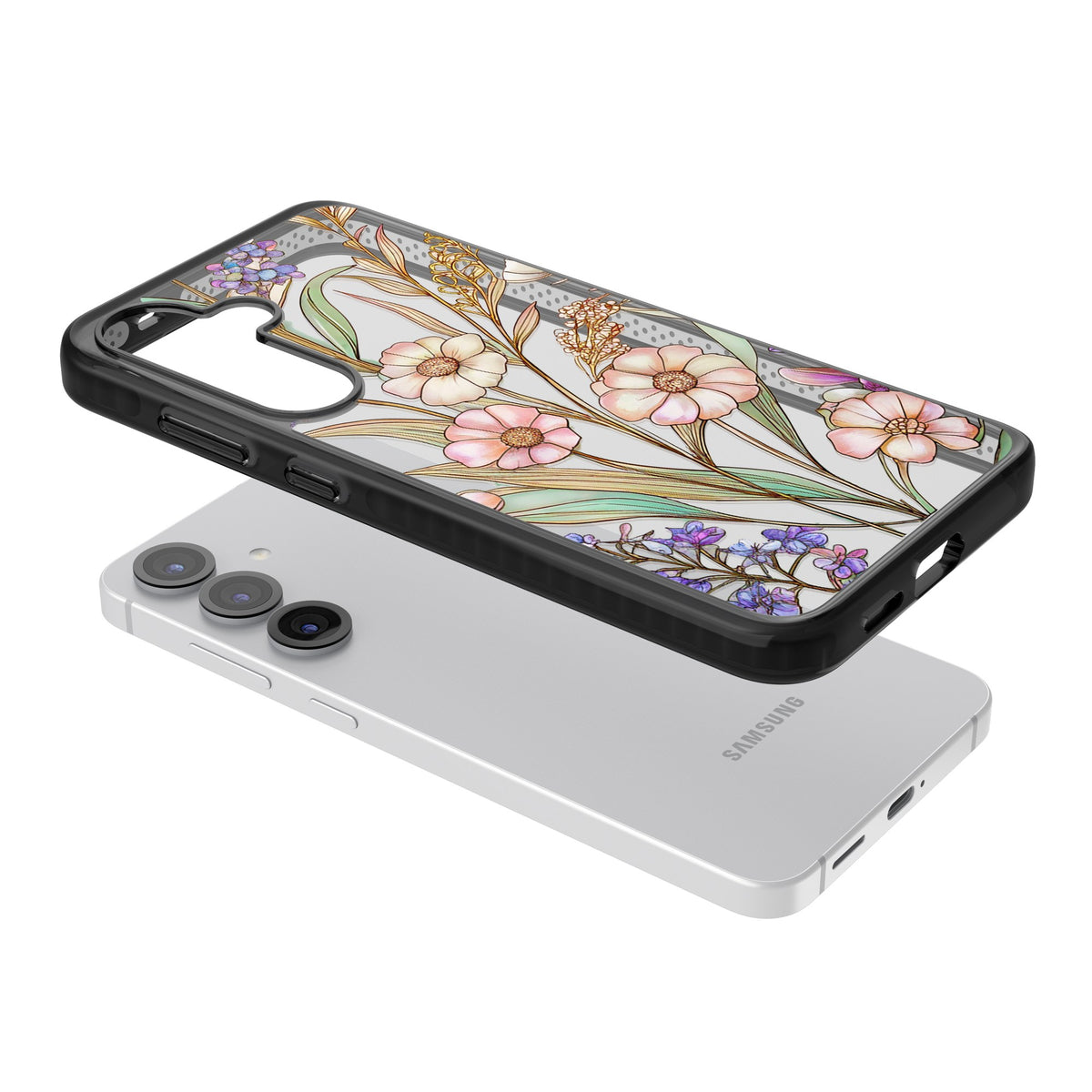 Glass Spring Flowers Samsung S25 / Samsung S25 Plus / Samsung S26 / Samsung S26 Plus Impact Black Phone Case angled