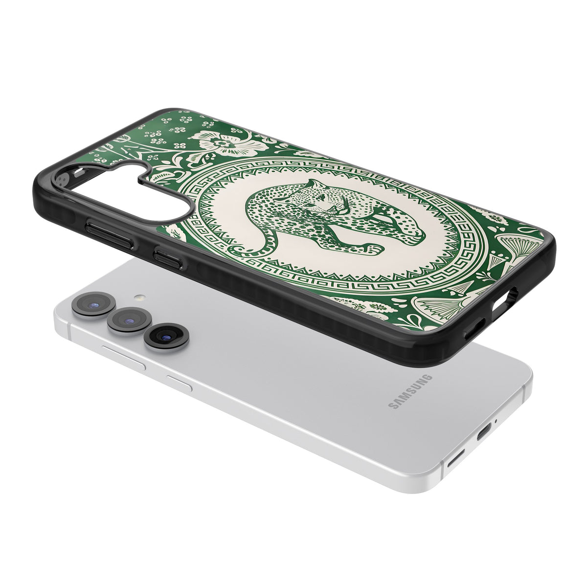 Green Leopard Samsung S25 / Samsung S25 Plus / Samsung S26 / Samsung S26 Plus Impact Black Phone Case angled