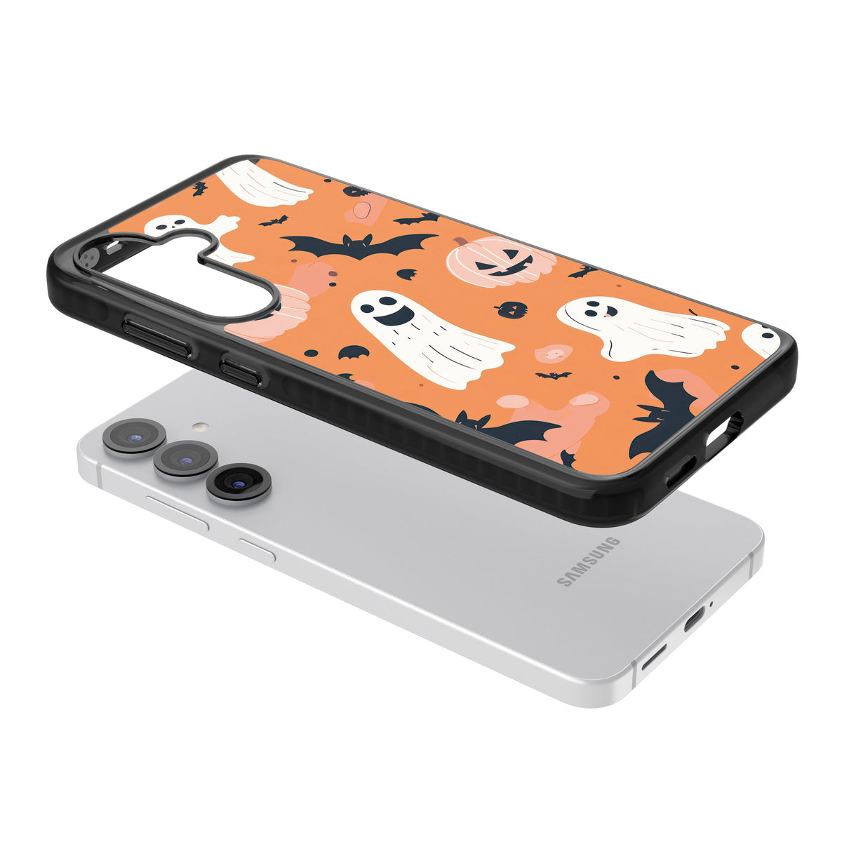 Orange Halloween Pattern Samsung S25 / Samsung S25 Plus / Samsung S26 / Samsung S26 Plus Impact Black Phone Case angled