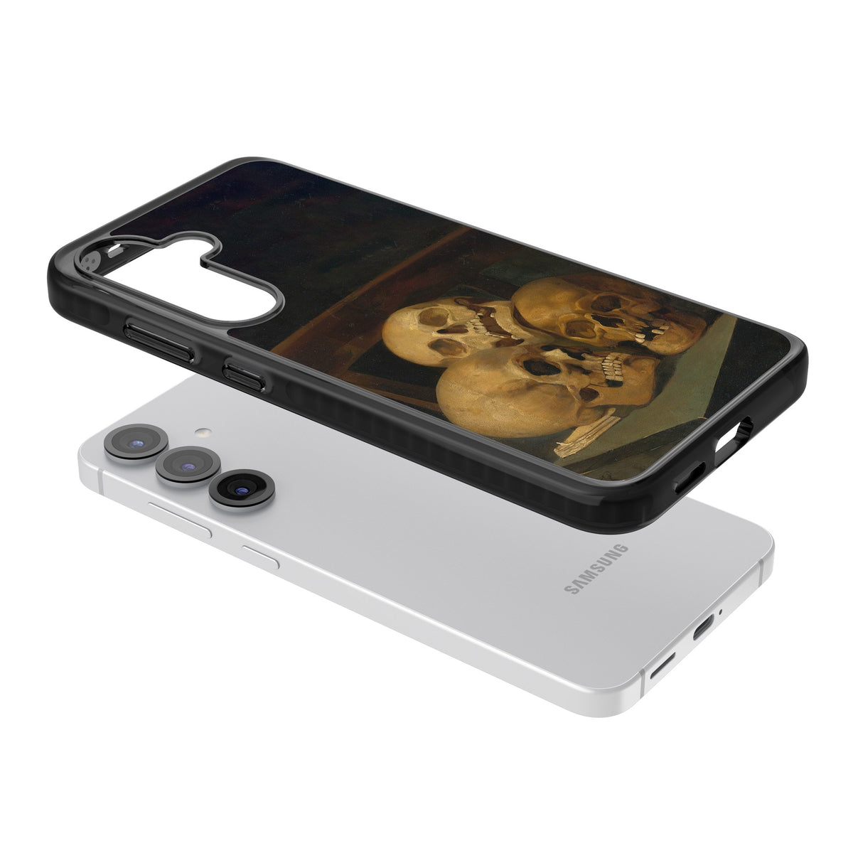 Still Life Of Three Skulls Samsung S25 / Samsung S25 Plus / Samsung S26 / Samsung S26 Plus Impact Black Phone Case angled
