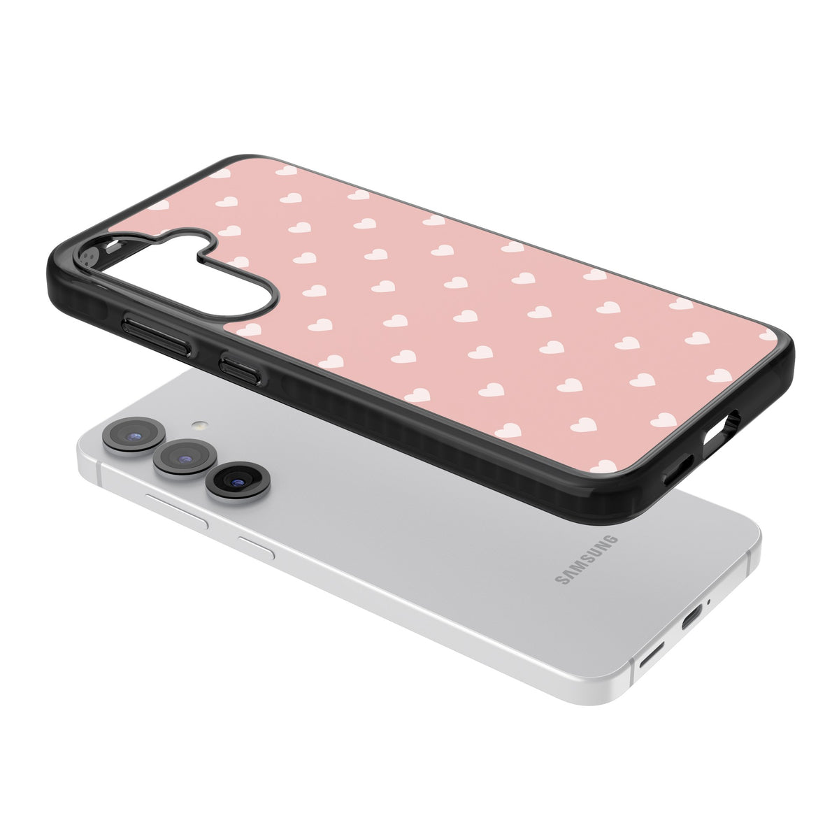 Small Heart Pattern: Pink Samsung S25 / Samsung S25 Plus / Samsung S26 / Samsung S26 Plus Impact Black Phone Case angled